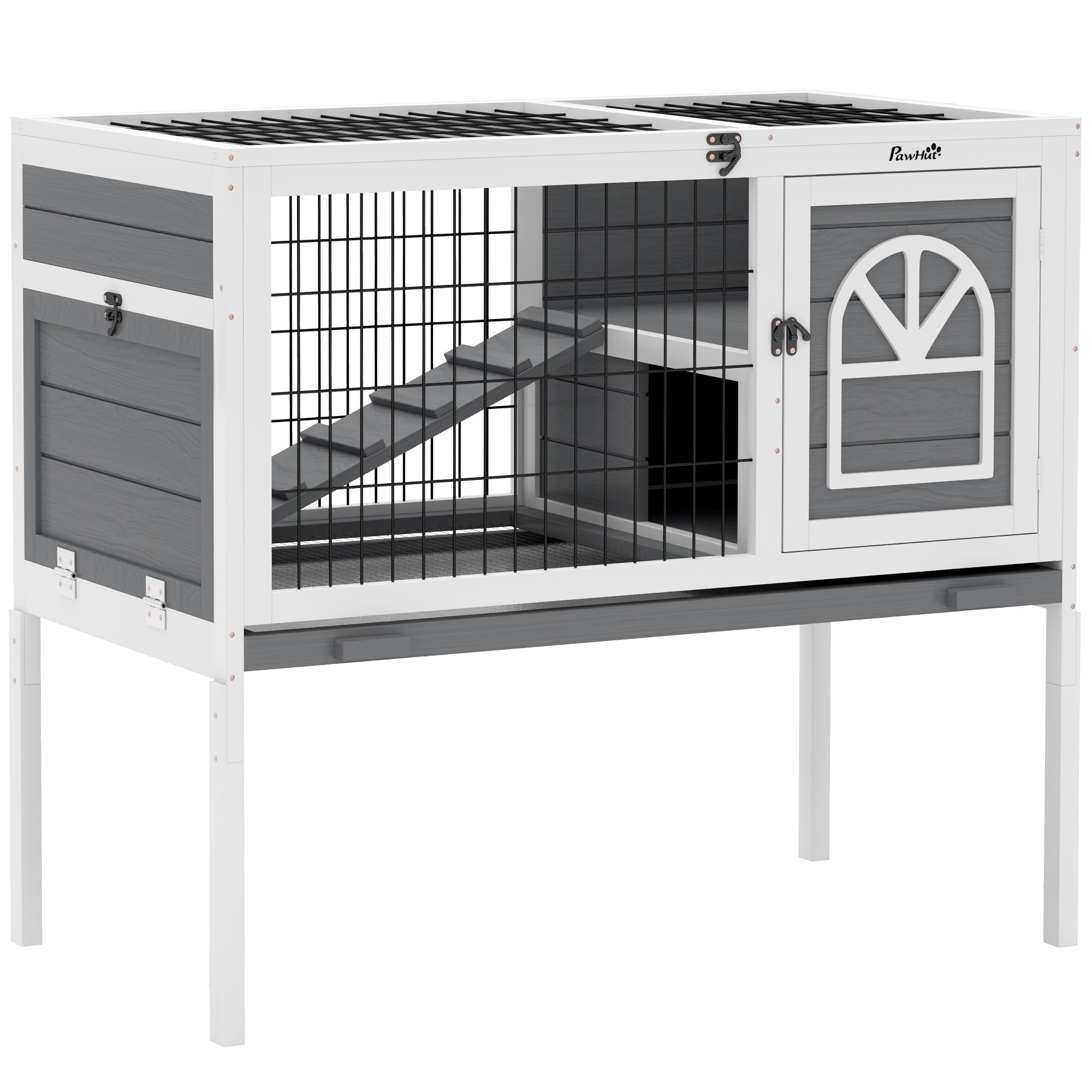 PawHut Wooden Rabbit Hutch, Elevated Guinea Pig Cage w/ Openable Roof, Ladder, Removable Tray, 90 x 53 x 87cm - Grey