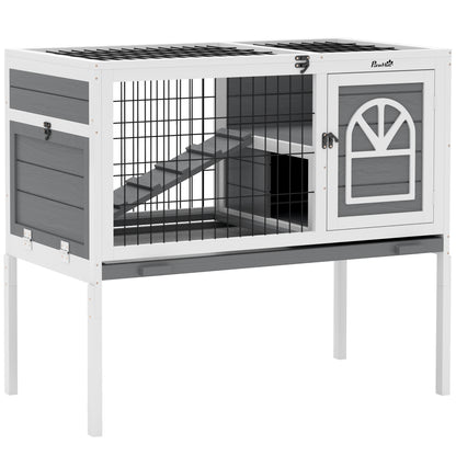 PawHut Wooden Rabbit Hutch, Elevated Guinea Pig Cage w/ Openable Roof, Ladder, Removable Tray, 90 x 53 x 87cm - Grey