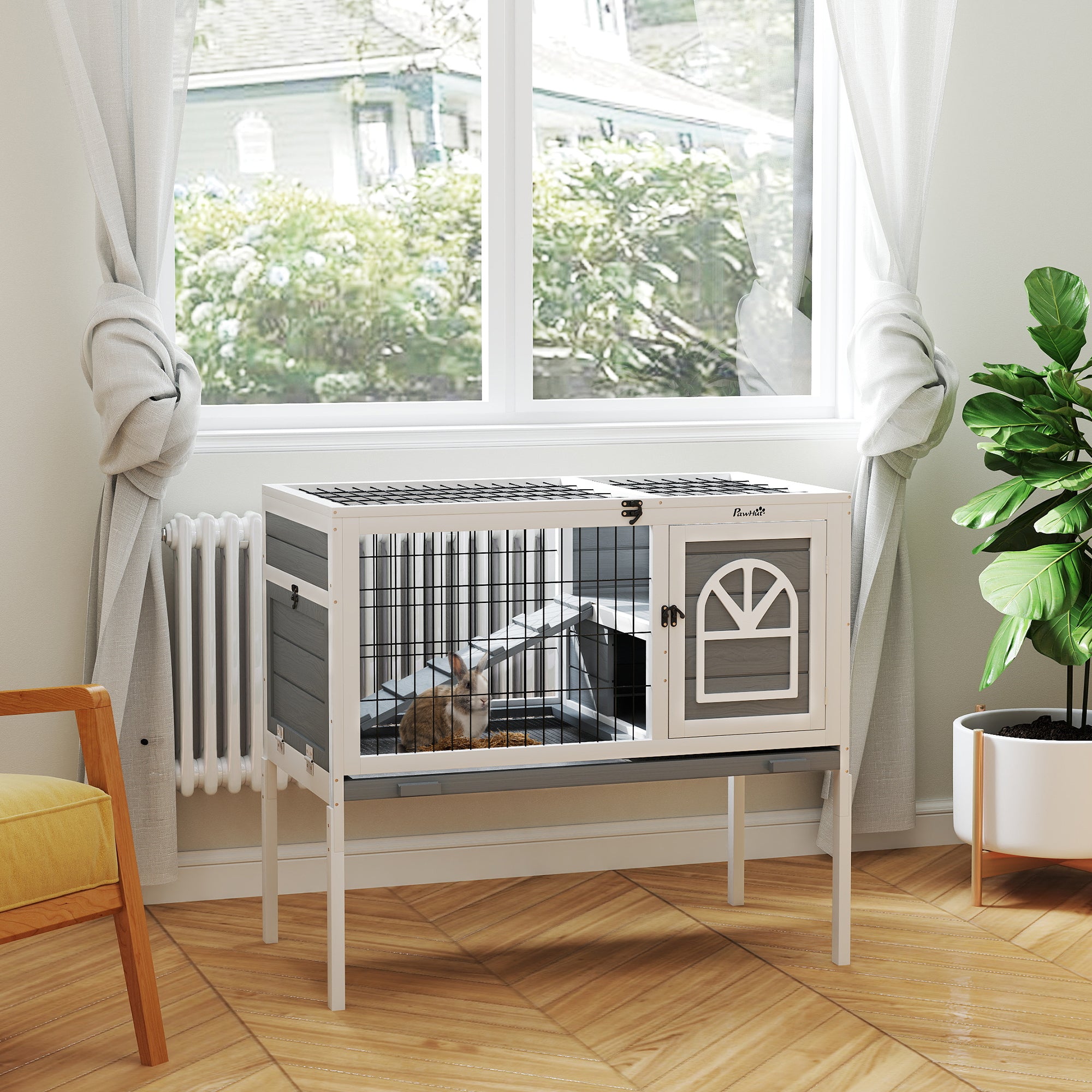 PawHut Wooden Rabbit Hutch, Elevated Guinea Pig Cage w/ Openable Roof, Ladder, Removable Tray, 90 x 53 x 87cm - Grey