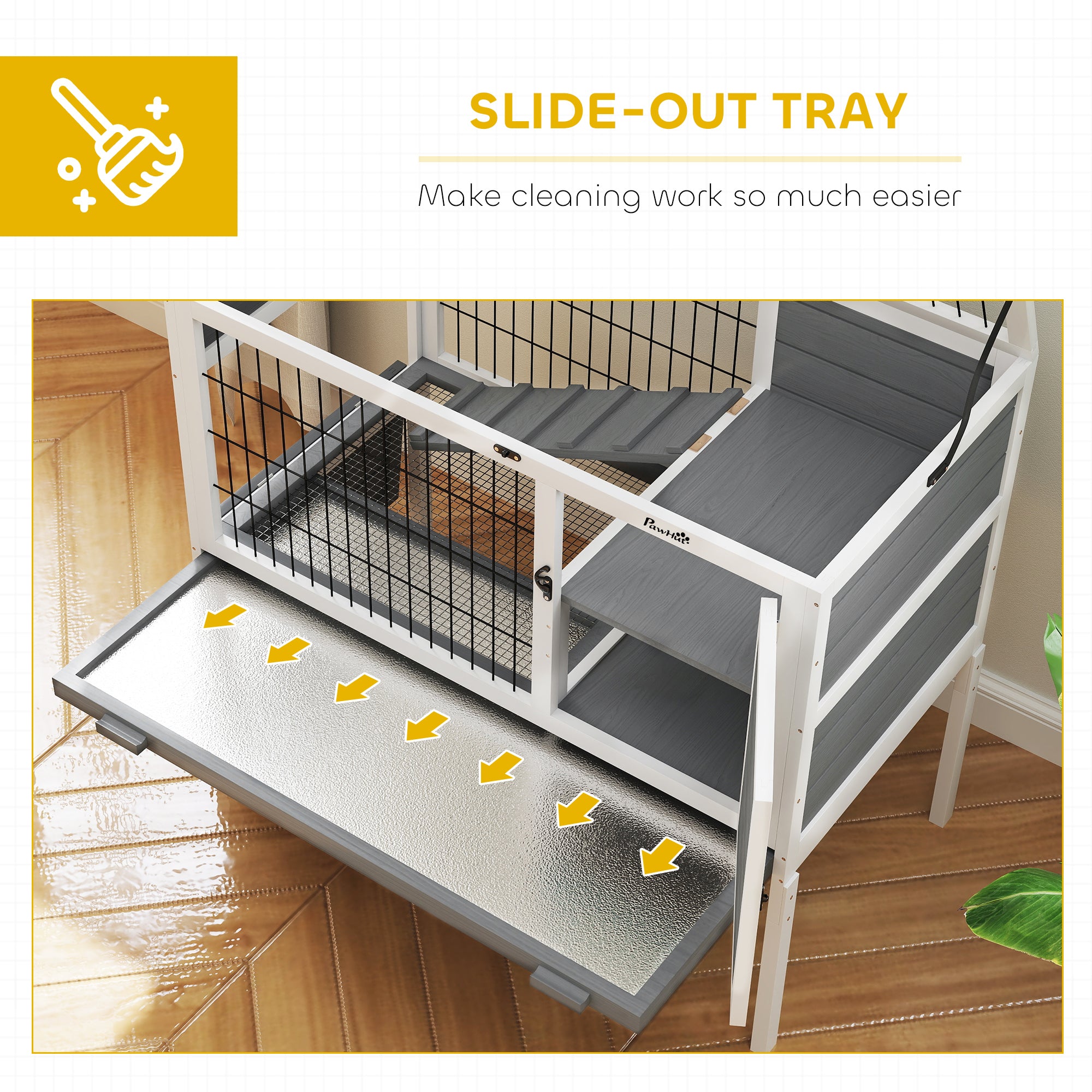 PawHut Wooden Rabbit Hutch, Elevated Guinea Pig Cage w/ Openable Roof, Ladder, Removable Tray, 90 x 53 x 87cm - Grey