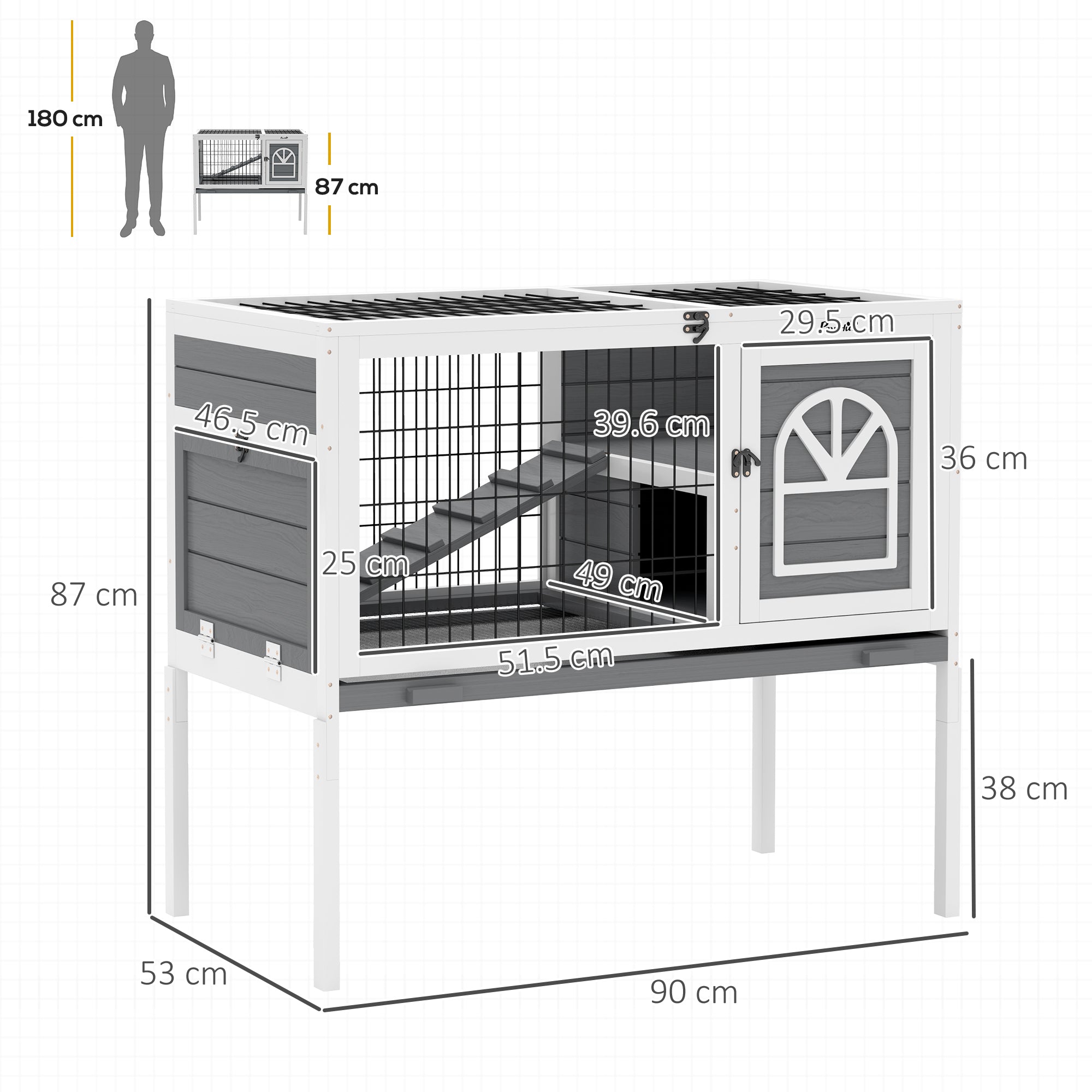 PawHut Wooden Rabbit Hutch, Elevated Guinea Pig Cage w/ Openable Roof, Ladder, Removable Tray, 90 x 53 x 87cm - Grey