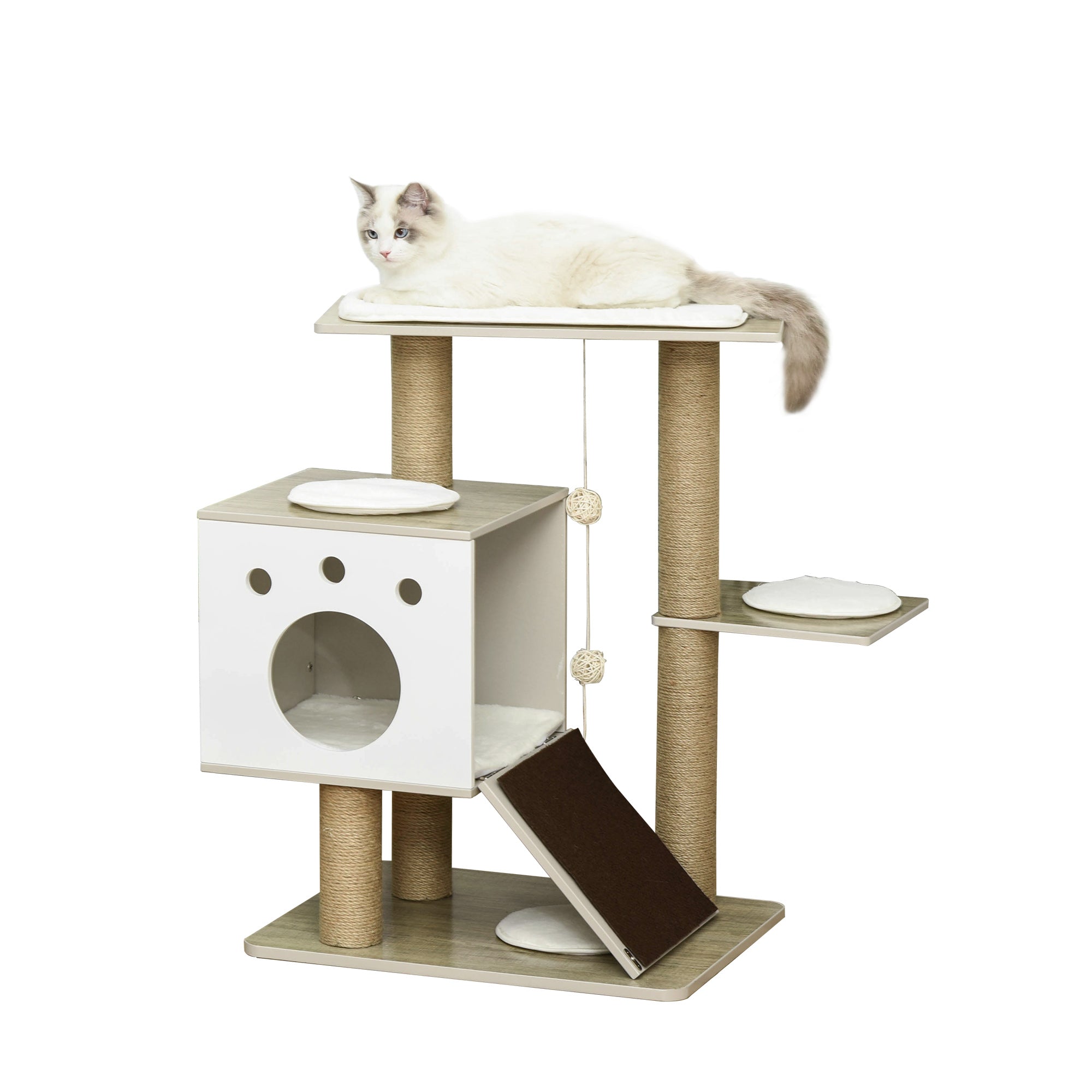 PawHut Cat Tree Tower for Indoor Cats 80cm Climbing Activity Center Kitten Furniture with Jute Scratching Post Pad Ramp Condo Perch Cushion Hanging Ball Velcro Light Grey