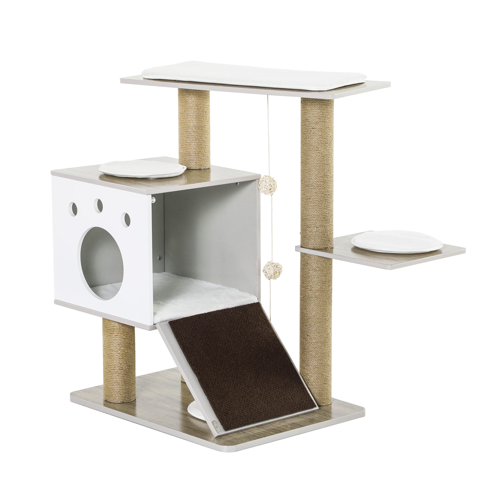 PawHut Cat Tree Tower for Indoor Cats 80cm Climbing Activity Center Kitten Furniture with Jute Scratching Post Pad Ramp Condo Perch Cushion Hanging Ball Velcro Light Grey
