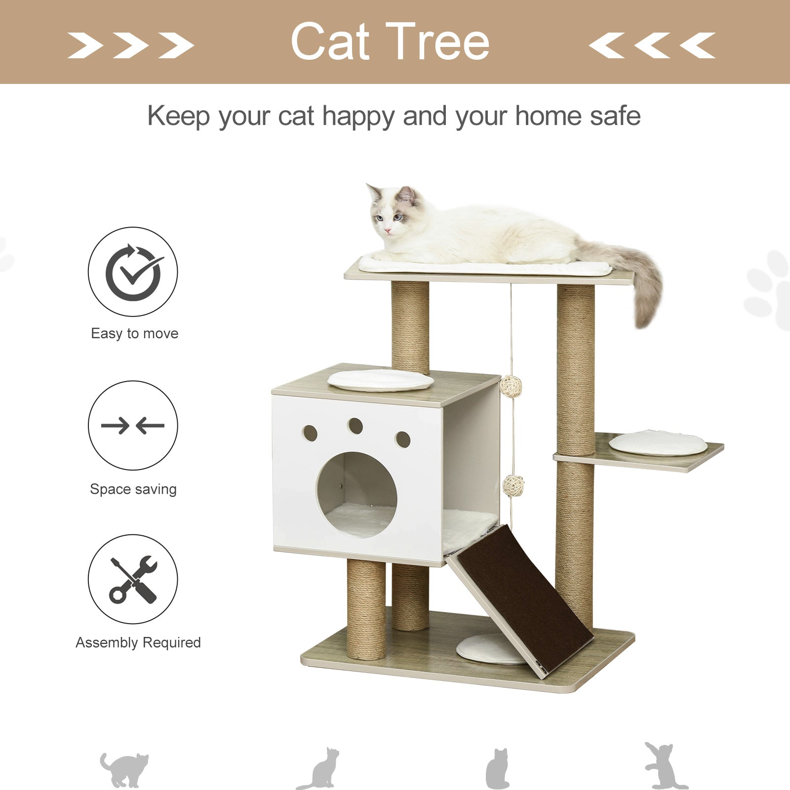 PawHut Cat Tree Tower for Indoor Cats 80cm Climbing Activity Center Kitten Furniture with Jute Scratching Post Pad Ramp Condo Perch Cushion Hanging Ball Velcro Light Grey