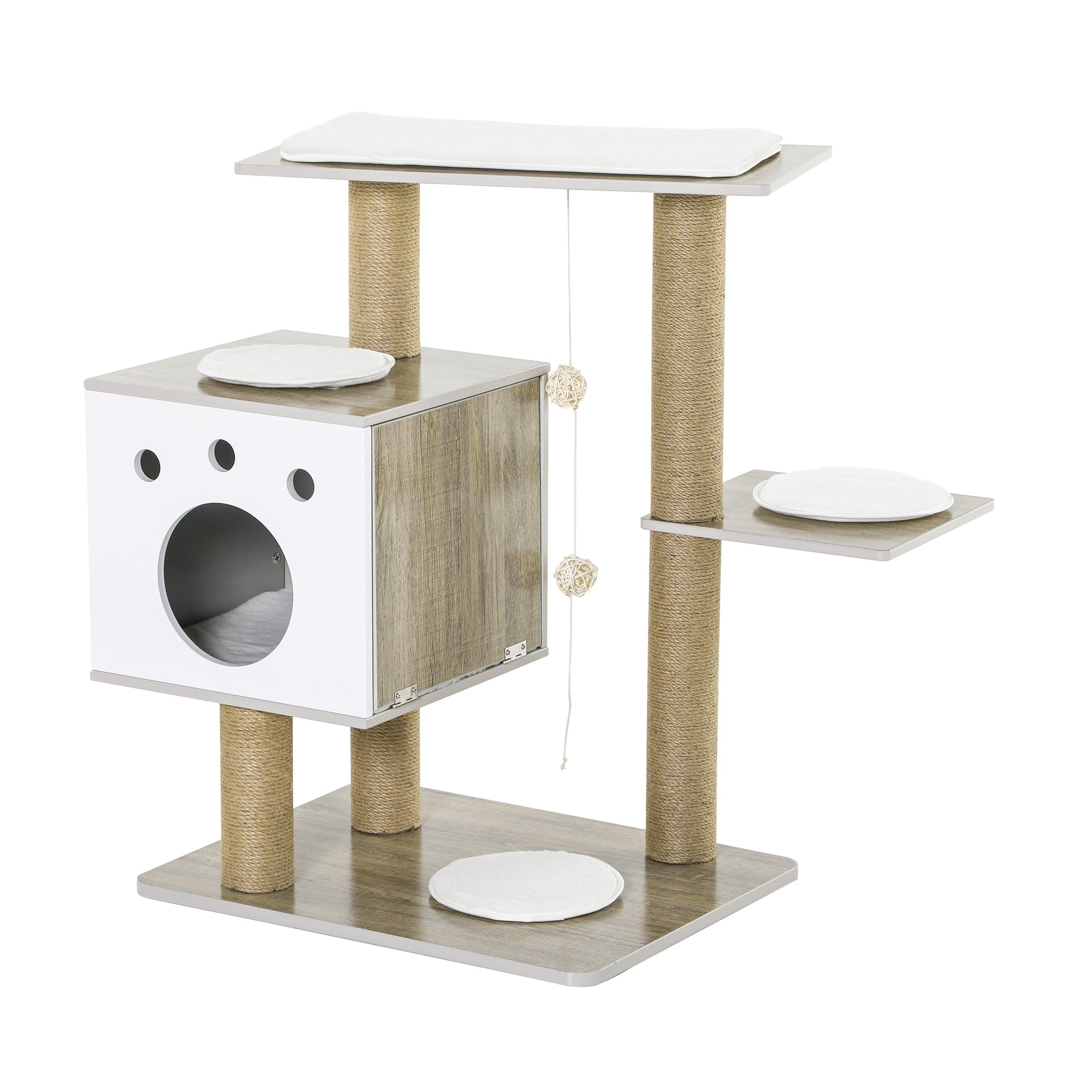 PawHut Cat Tree Tower for Indoor Cats 80cm Climbing Activity Center Kitten Furniture with Jute Scratching Post Pad Ramp Condo Perch Cushion Hanging Ball Velcro Light Grey