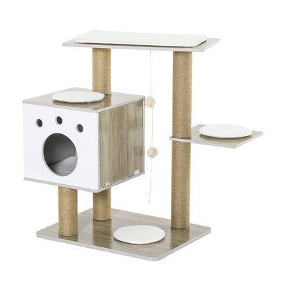 PawHut Cat Tree Tower for Indoor Cats 80cm Climbing Activity Center Kitten Furniture with Jute Scratching Post Pad Ramp Condo Perch Cushion Hanging Ball Velcro Light Grey