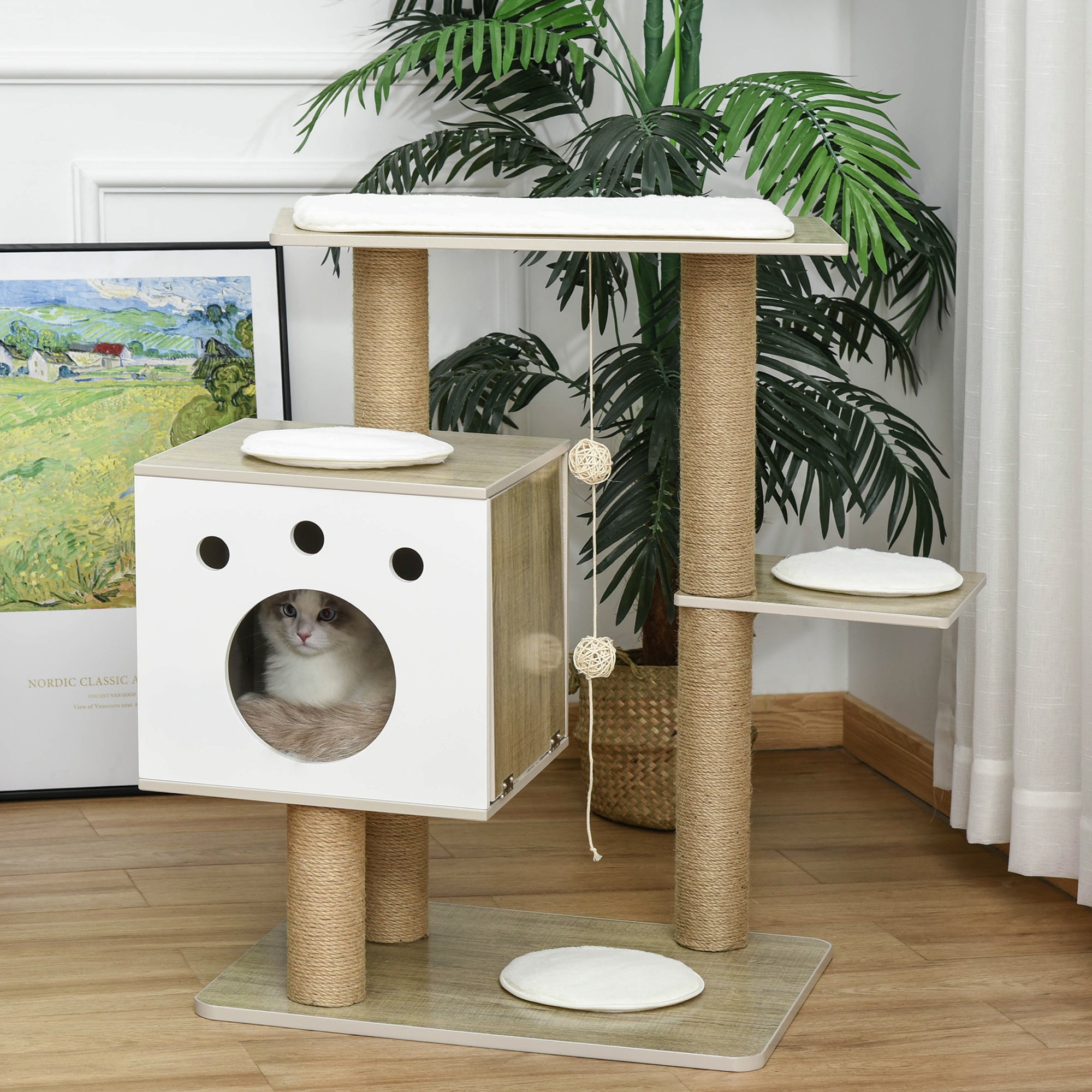 PawHut Cat Tree Tower for Indoor Cats 80cm Climbing Activity Center Kitten Furniture with Jute Scratching Post Pad Ramp Condo Perch Cushion Hanging Ball Velcro Light Grey
