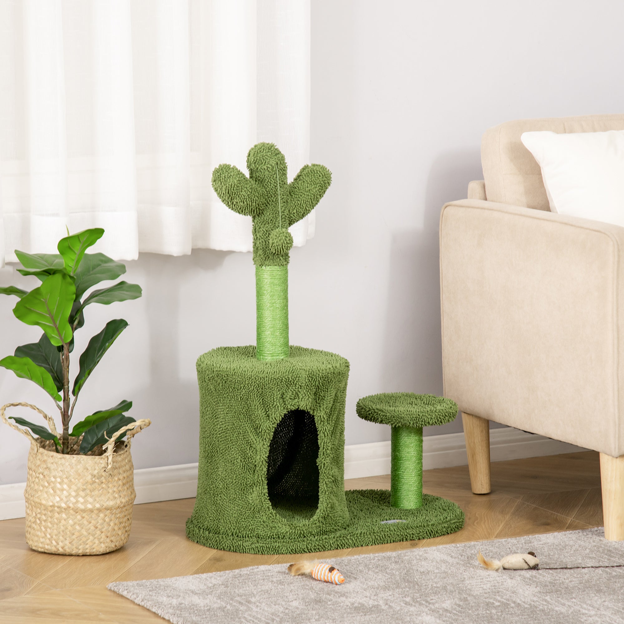 PawHut Cat Tree Tower Cactus Shape with Scratching Post Condo Perch Dangling Ball Kitten Toy Play House Activity Center