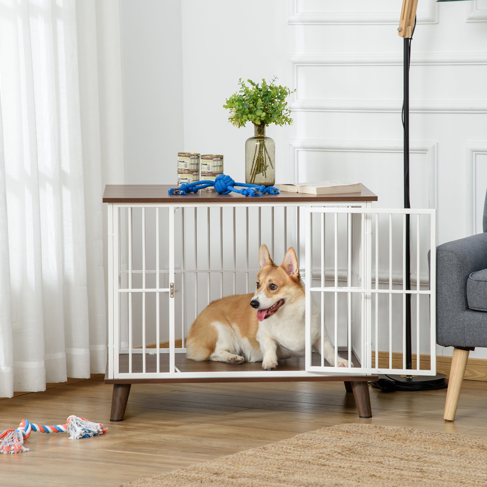 PawHut Dog Crate, Furniture Style Pet Cage Kennel, End Table, Decorative Dog House, with Soft Cushion, Wooden Top, Door, for Small & Medium Dogs, Indoor Use, Brown