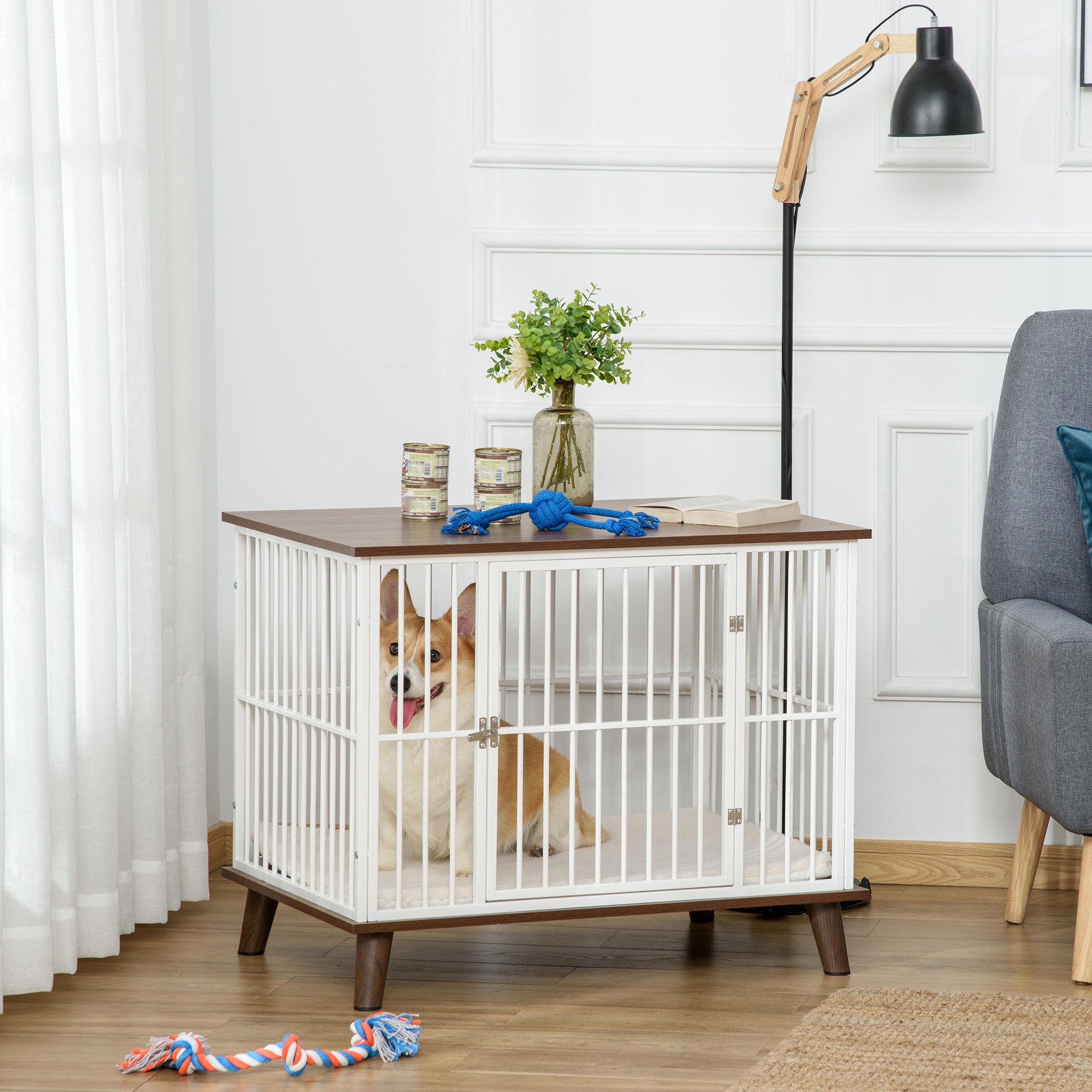 PawHut Dog Crate, Furniture Style Pet Cage Kennel, End Table, Decorative Dog House, with Soft Cushion, Wooden Top, Door, for Small & Medium Dogs, Indoor Use, Brown