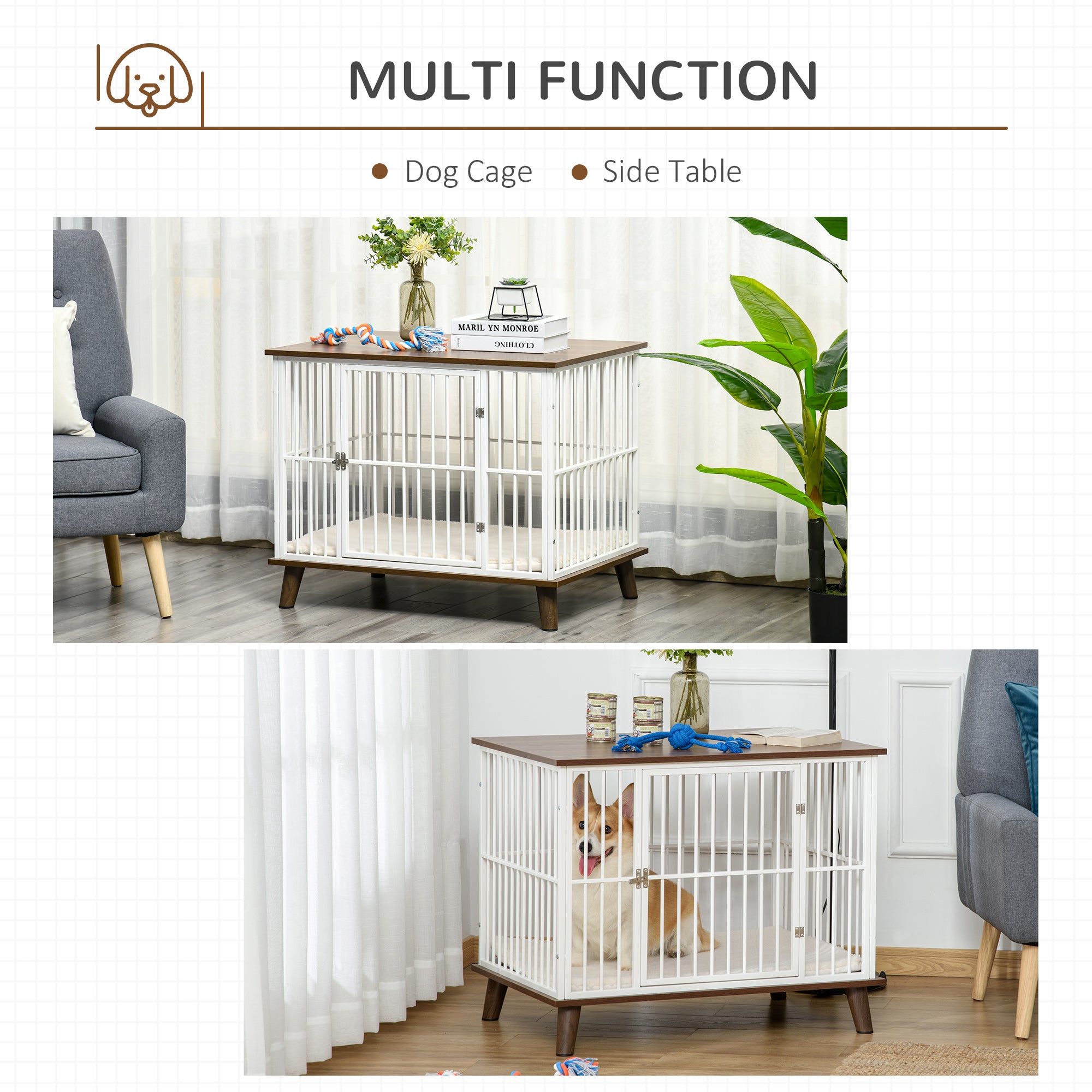 PawHut Dog Crate, Furniture Style Pet Cage Kennel, End Table, Decorative Dog House, with Soft Cushion, Wooden Top, Door, for Small & Medium Dogs, Indoor Use, Brown
