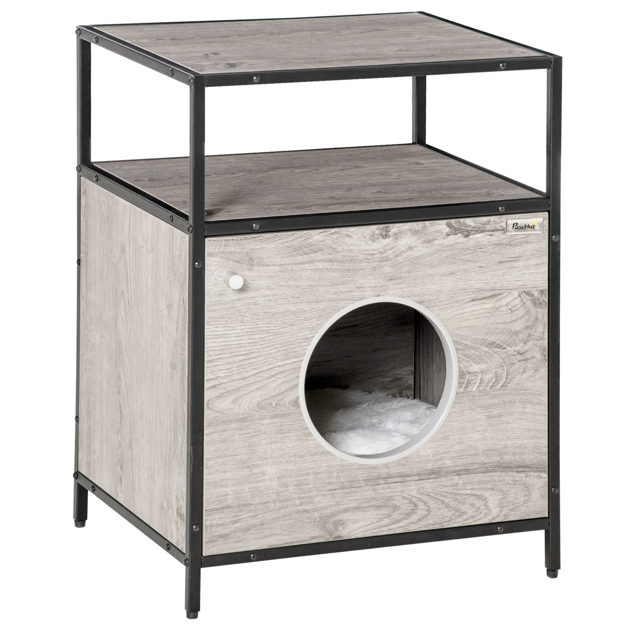 PawHut Wooden Cat House Kitty Shelter Bed with Washable Cushion and Open Shelf, Grey, 19" x 15.75" x 25.75"