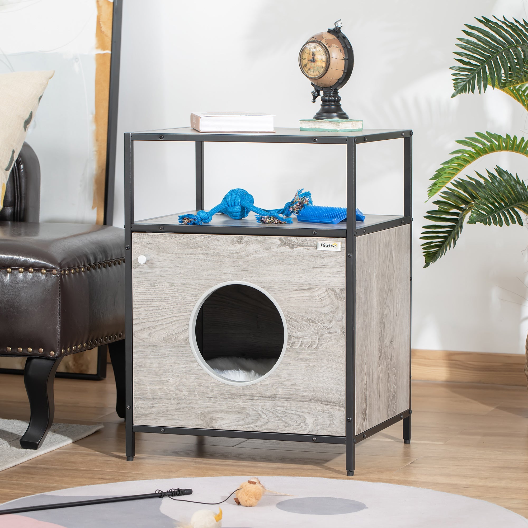 PawHut Wooden Cat House Kitty Shelter Bed with Washable Cushion and Open Shelf, Grey, 19" x 15.75" x 25.75"