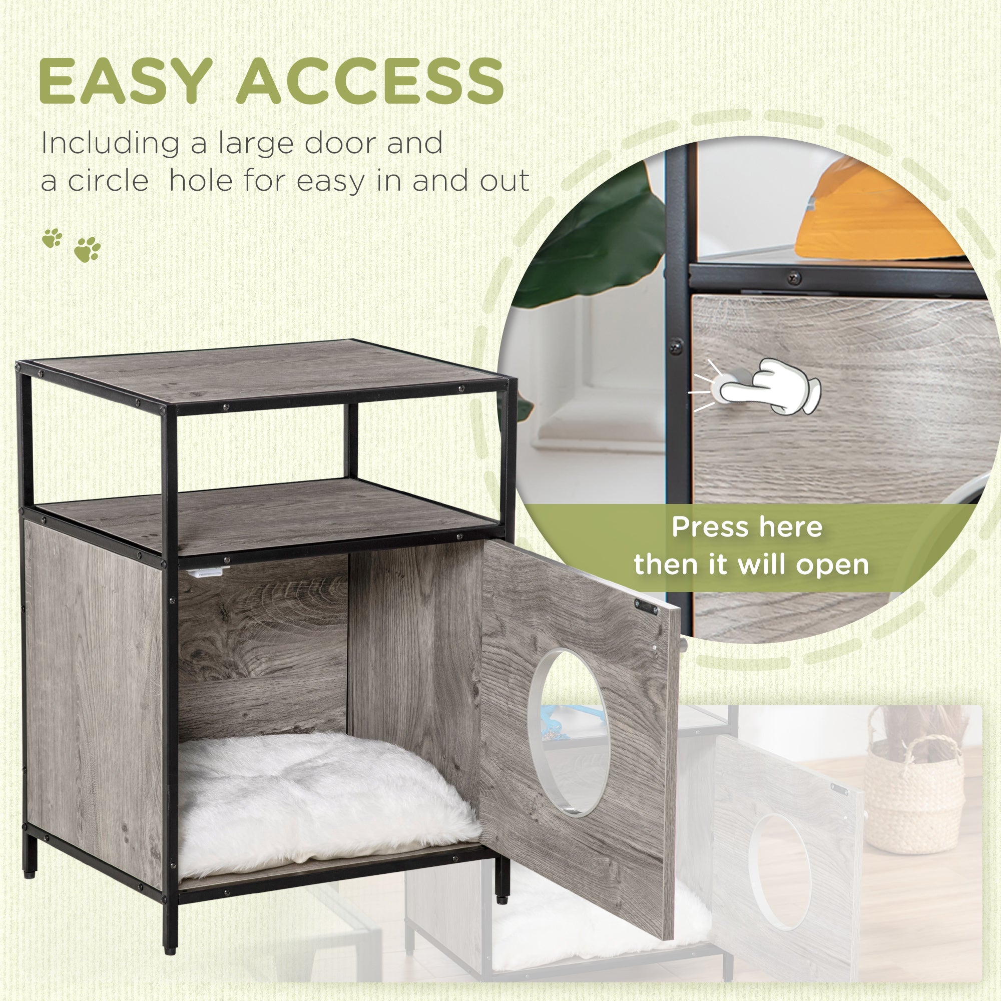 PawHut Wooden Cat House Kitty Shelter Bed with Washable Cushion and Open Shelf, Grey, 19" x 15.75" x 25.75"