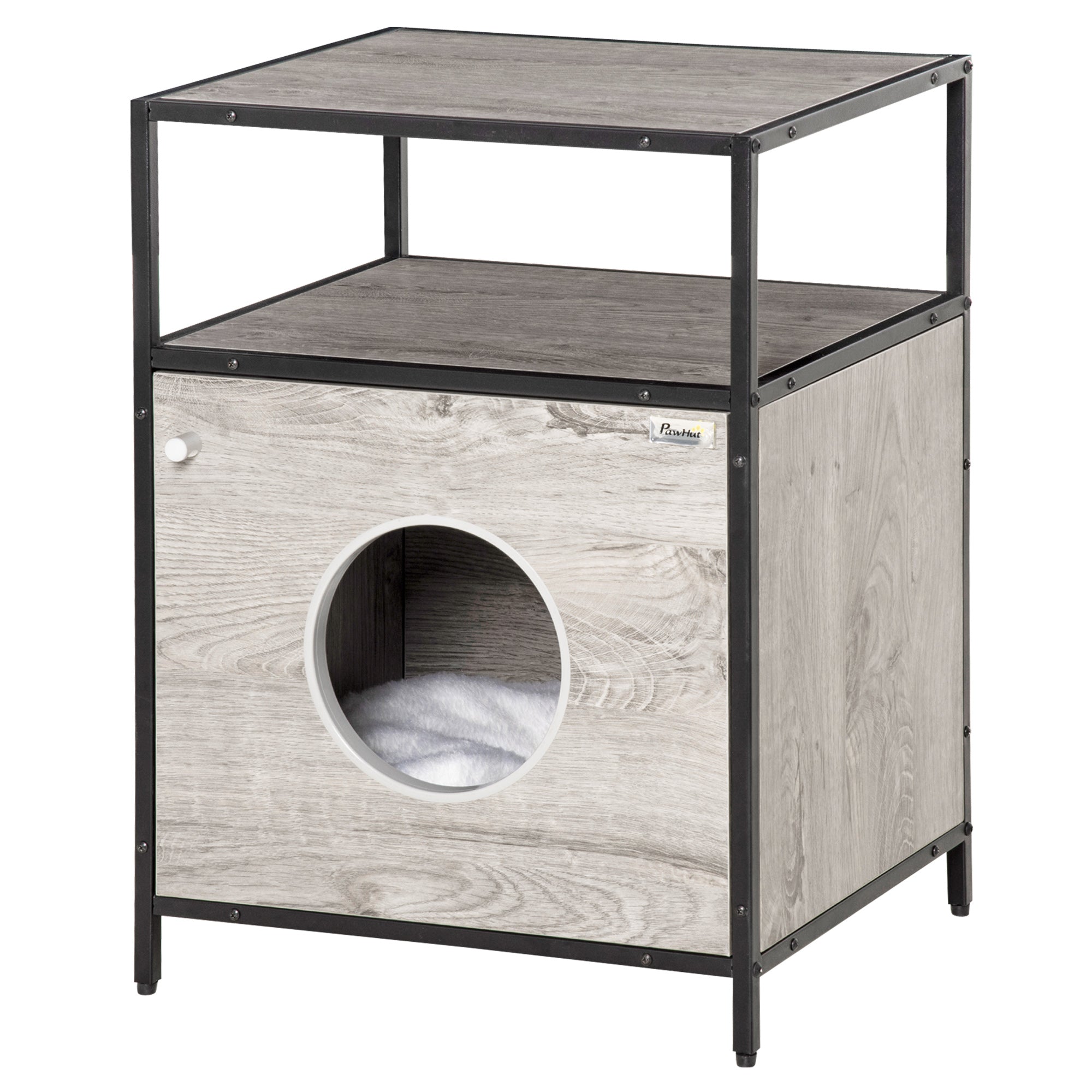 PawHut Wooden Cat House Kitty Shelter Bed with Washable Cushion and Open Shelf, Grey, 19" x 15.75" x 25.75"