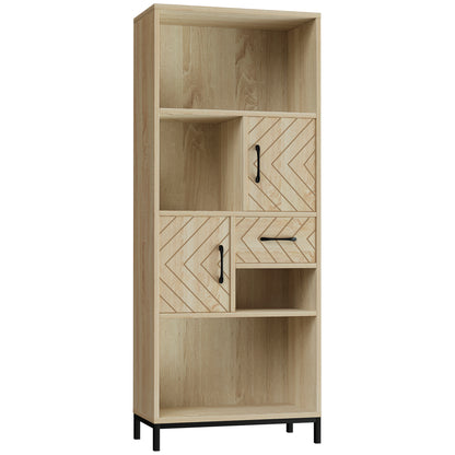 HOMCOM 59" Bookcase, Storage Bookshelf with Cabinets, Drawer and Open Compartments, Freestanding Display Shelves for Home Office, Living Room, Study, Nature Wood