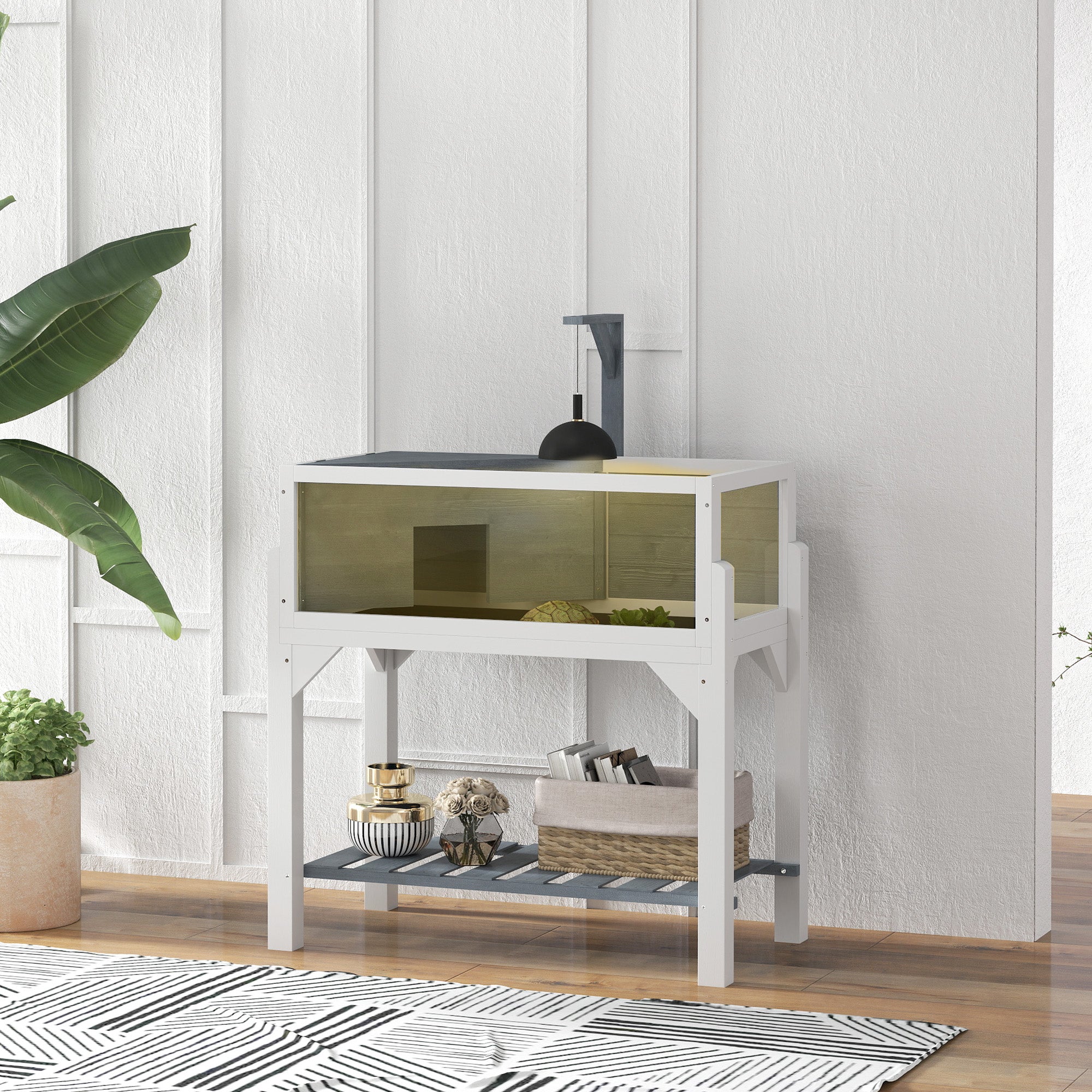 PawHut Wooden Tortoise House with Storage Shelf, Tortoise Enclosure Habitat with Clear Windows, Lamp Holder, Openable Top, Built-in Tray, for Indoor Use, Grey