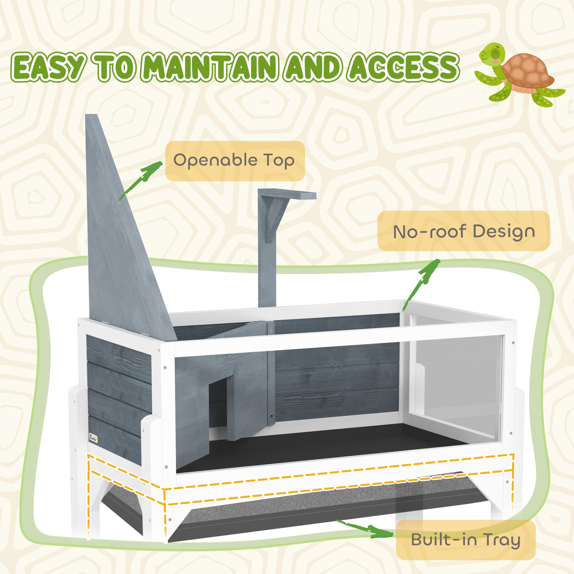 PawHut Wooden Tortoise House with Storage Shelf, Tortoise Enclosure Habitat with Clear Windows, Lamp Holder, Openable Top, Built-in Tray, for Indoor Use, Grey