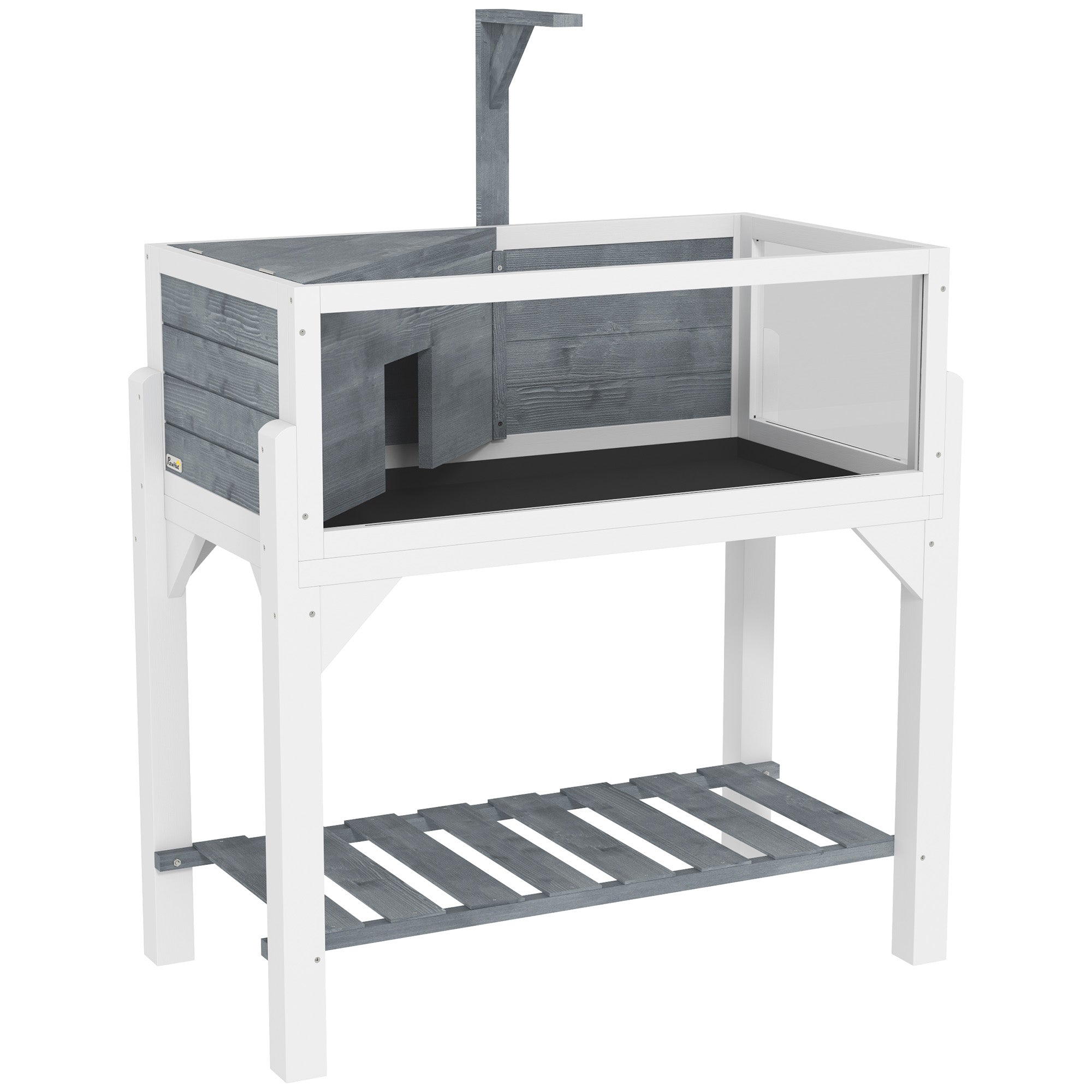 PawHut Wooden Tortoise House with Storage Shelf, Tortoise Enclosure Habitat with Clear Windows, Lamp Holder, Openable Top, Built-in Tray, for Indoor Use, Grey
