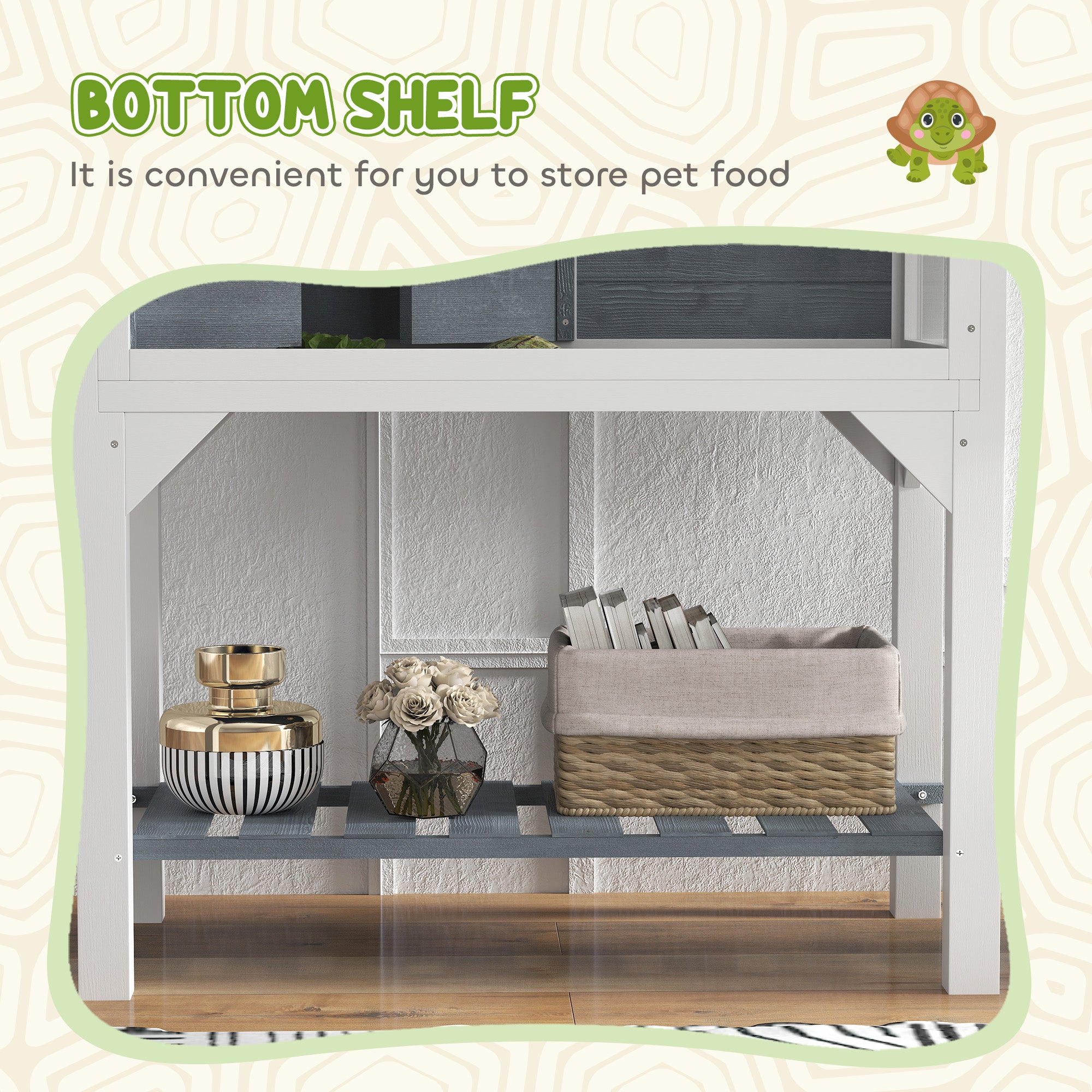 PawHut Wooden Tortoise House with Storage Shelf, Tortoise Enclosure Habitat with Clear Windows, Lamp Holder, Openable Top, Built-in Tray, for Indoor Use, Grey