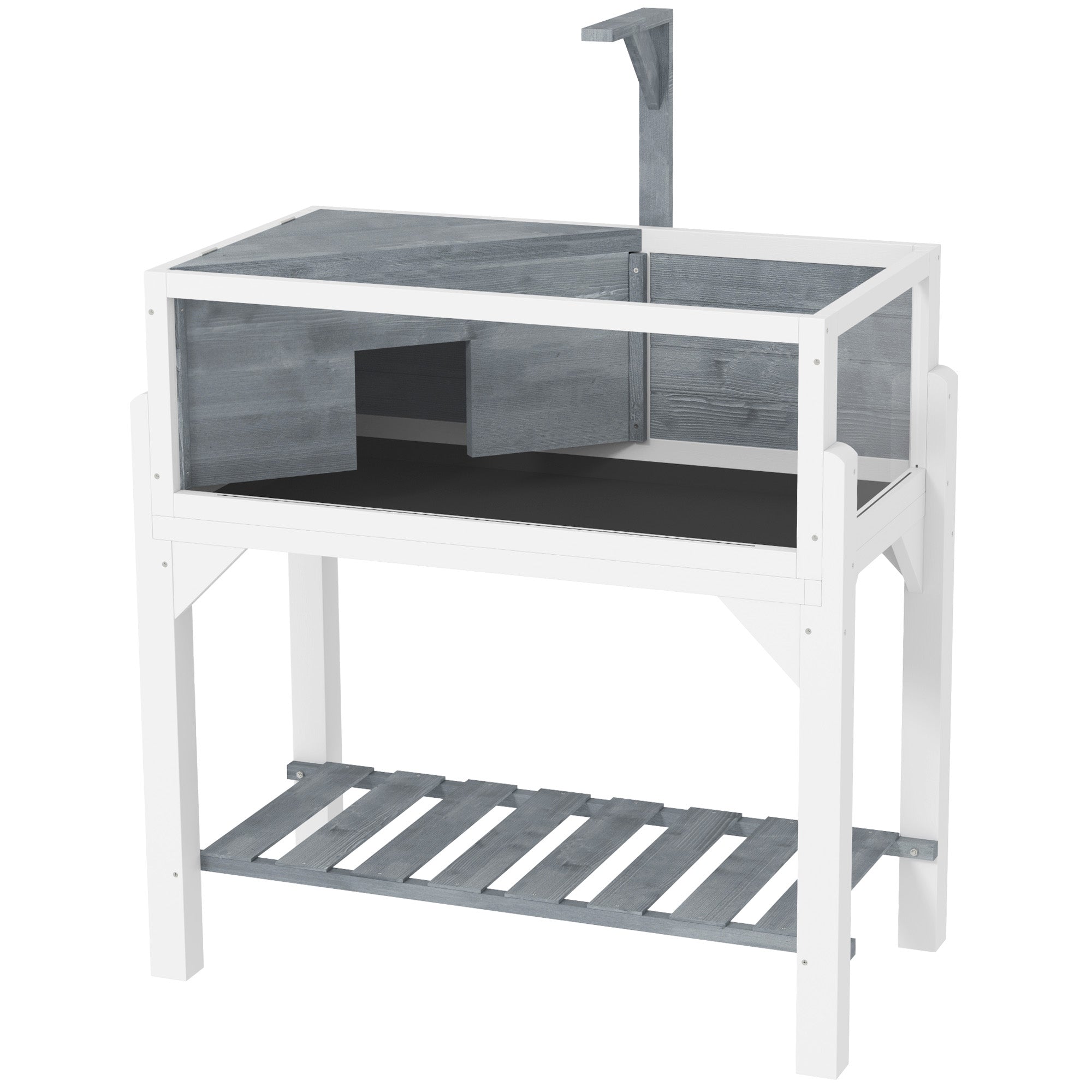 PawHut Wooden Tortoise House with Storage Shelf, Tortoise Enclosure Habitat with Clear Windows, Lamp Holder, Openable Top, Built-in Tray, for Indoor Use, Grey