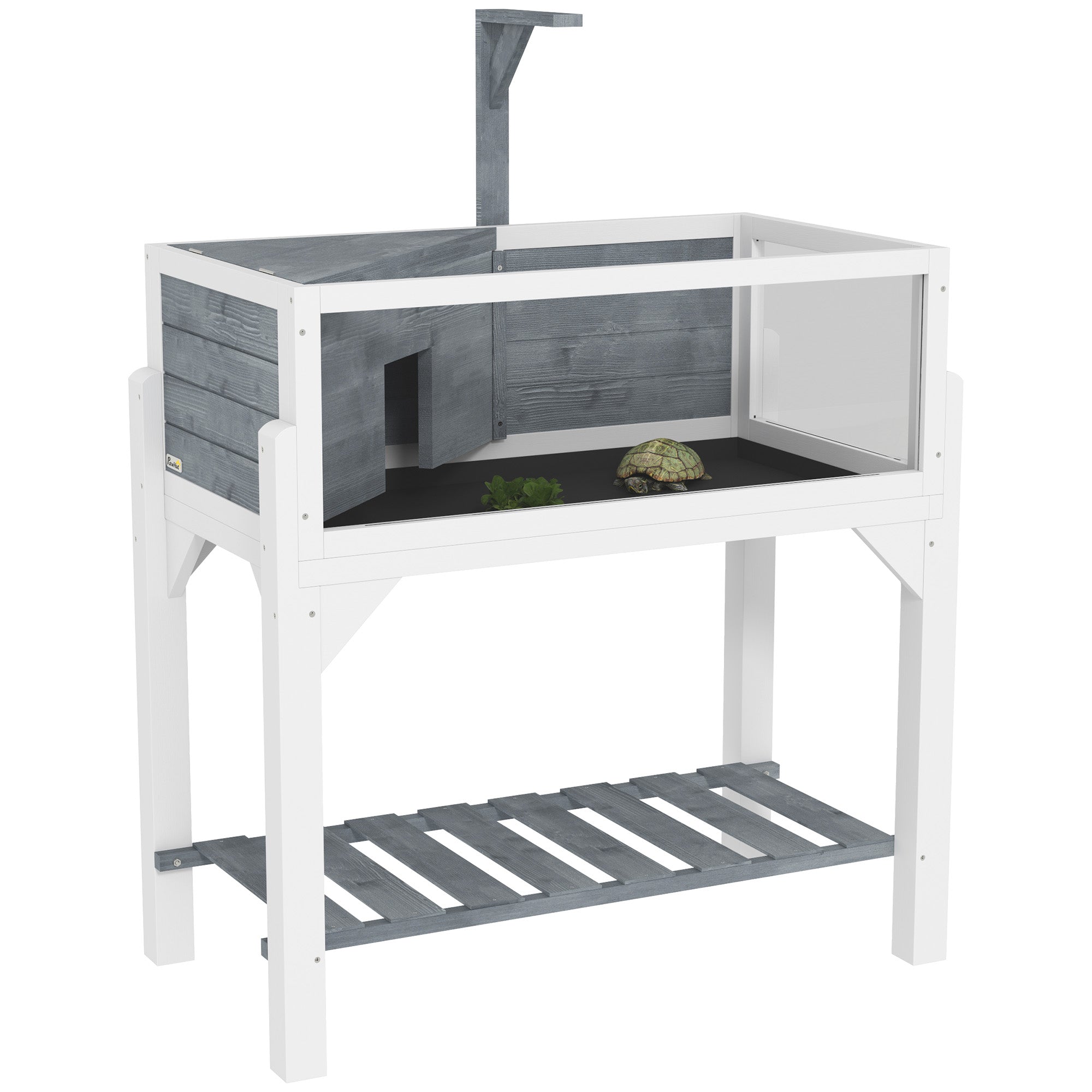 PawHut Wooden Tortoise House with Storage Shelf, Tortoise Enclosure Habitat with Clear Windows, Lamp Holder, Openable Top, Built-in Tray, for Indoor Use, Grey