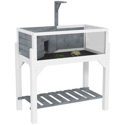 PawHut Wooden Tortoise House with Storage Shelf, Tortoise Enclosure Habitat with Clear Windows, Lamp Holder, Openable Top, Built-in Tray, for Indoor Use, Grey