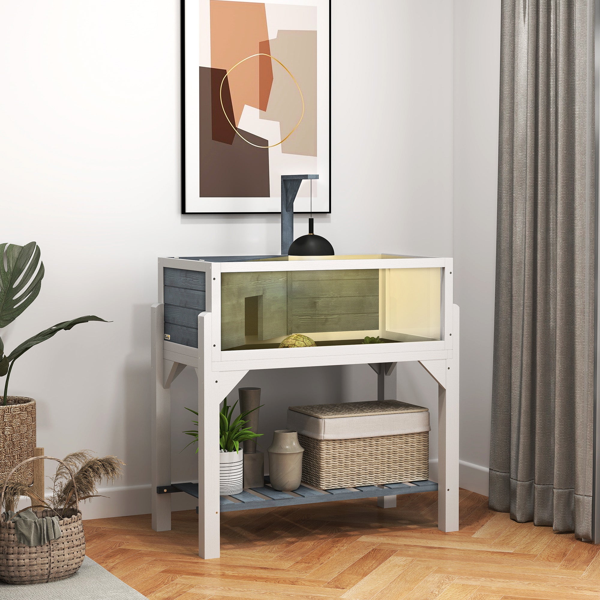 PawHut Wooden Tortoise House with Storage Shelf, Tortoise Enclosure Habitat with Clear Windows, Lamp Holder, Openable Top, Built-in Tray, for Indoor Use, Grey