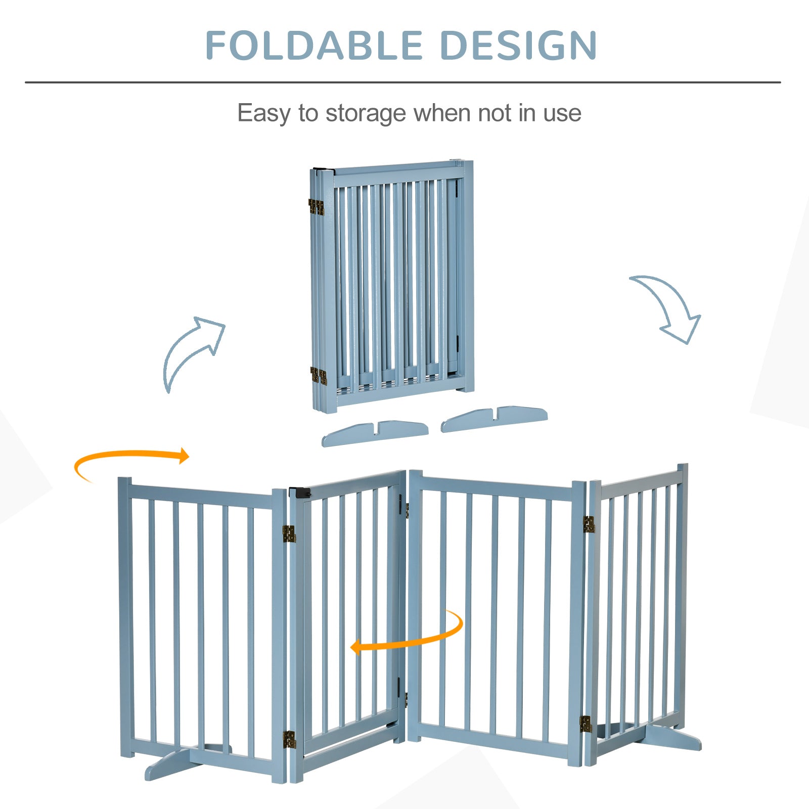 PawHut Wooden Dog Gate, Dog Fence Indoor, 80 cm Tall Freestanding Pet Gate for Small and Medium Dogs with 4 Panels, 2 Support Feet, Blue-Grey
