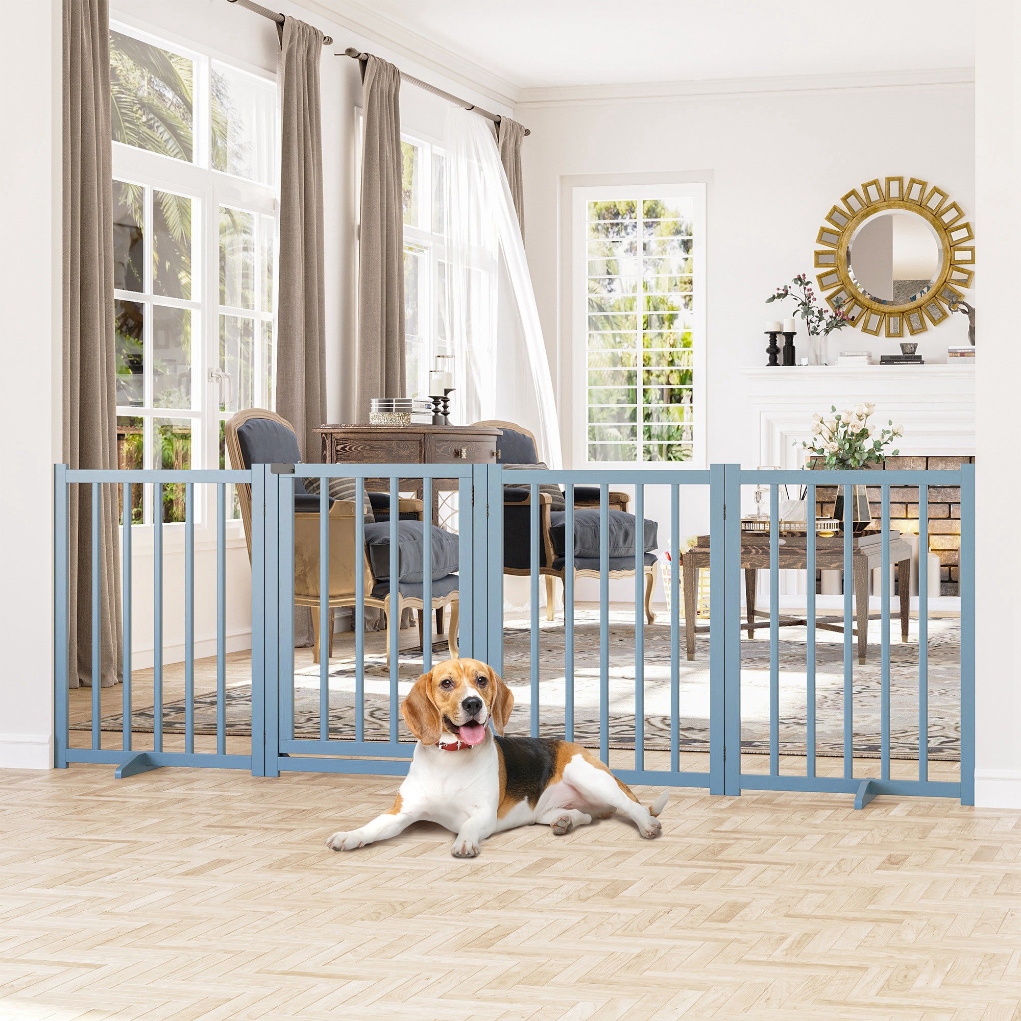 PawHut Wooden Dog Gate, Dog Fence Indoor, 80 cm Tall Freestanding Pet Gate for Small and Medium Dogs with 4 Panels, 2 Support Feet, Blue-Grey