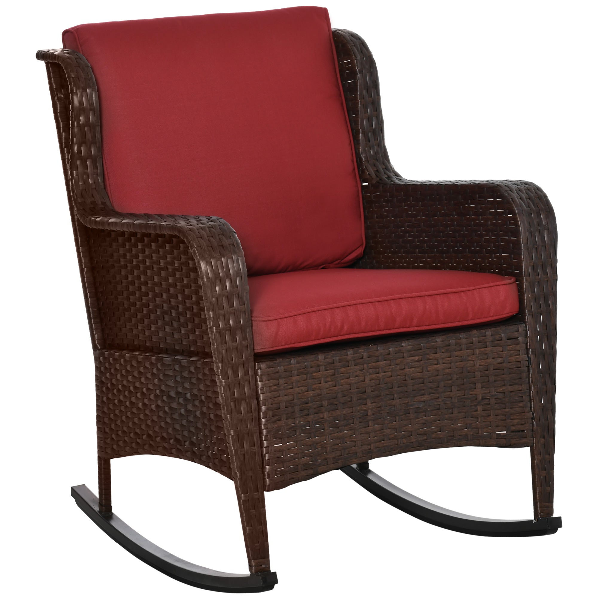 Outsunny Rocking Chair, Outdoor Wicker Chair with Wide Seat and Cushions, Rattan Rocker with Steel Frame for Patio, Garden, Backyard, Wine Red