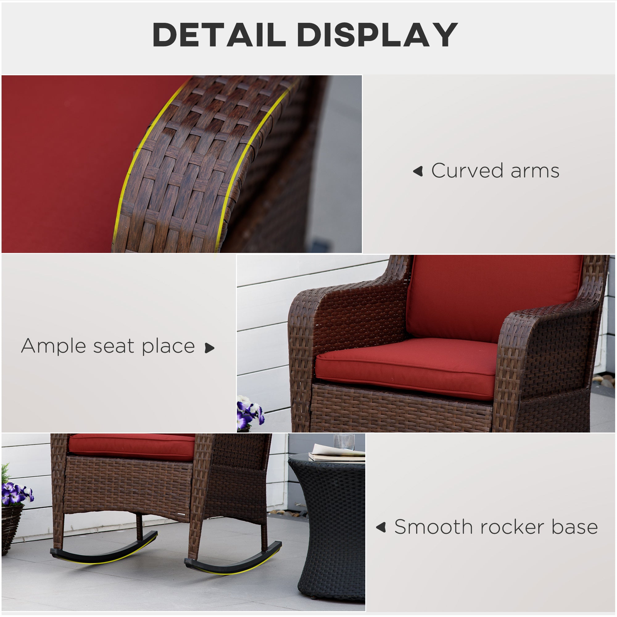 Outsunny Rocking Chair, Outdoor Wicker Chair with Wide Seat and Cushions, Rattan Rocker with Steel Frame for Patio, Garden, Backyard, Wine Red