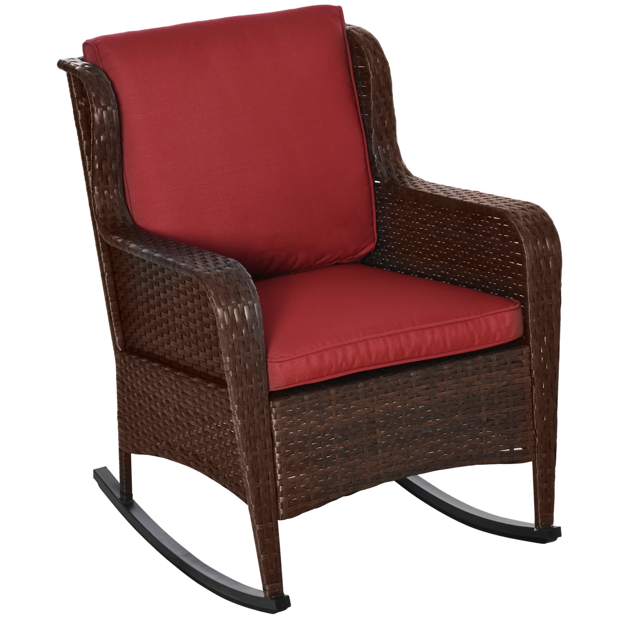 Outsunny Rocking Chair, Outdoor Wicker Chair with Wide Seat and Cushions, Rattan Rocker with Steel Frame for Patio, Garden, Backyard, Wine Red