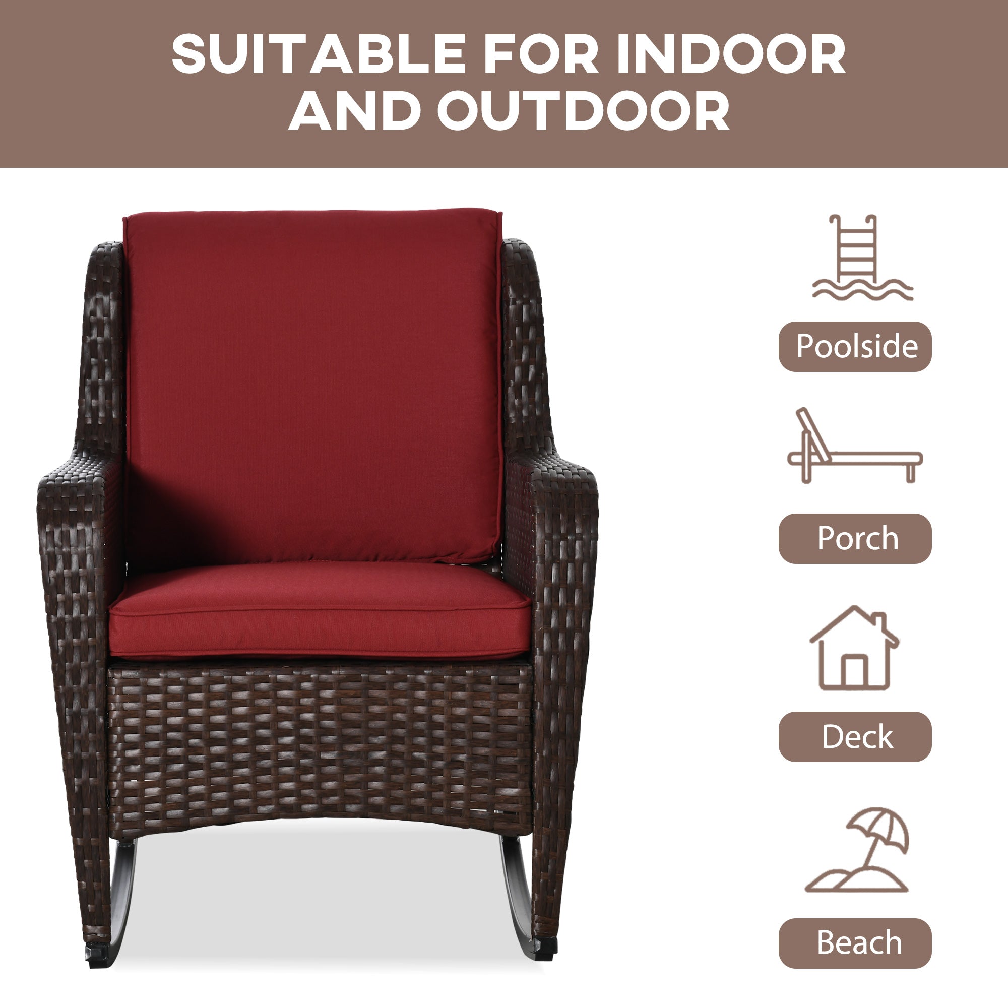 Outsunny Rocking Chair, Outdoor Wicker Chair with Wide Seat and Cushions, Rattan Rocker with Steel Frame for Patio, Garden, Backyard, Wine Red