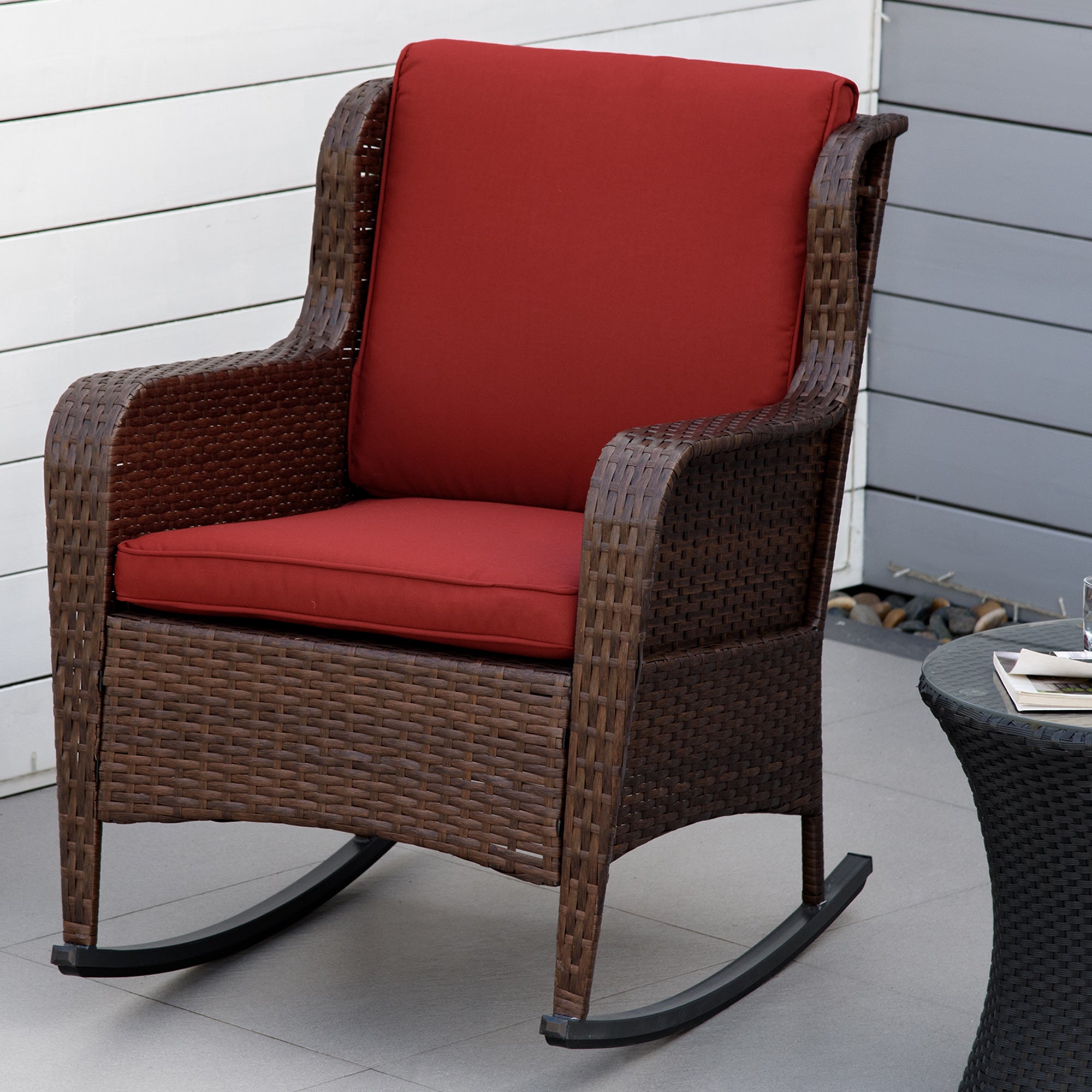 Outsunny Rocking Chair, Outdoor Wicker Chair with Wide Seat and Cushions, Rattan Rocker with Steel Frame for Patio, Garden, Backyard, Wine Red