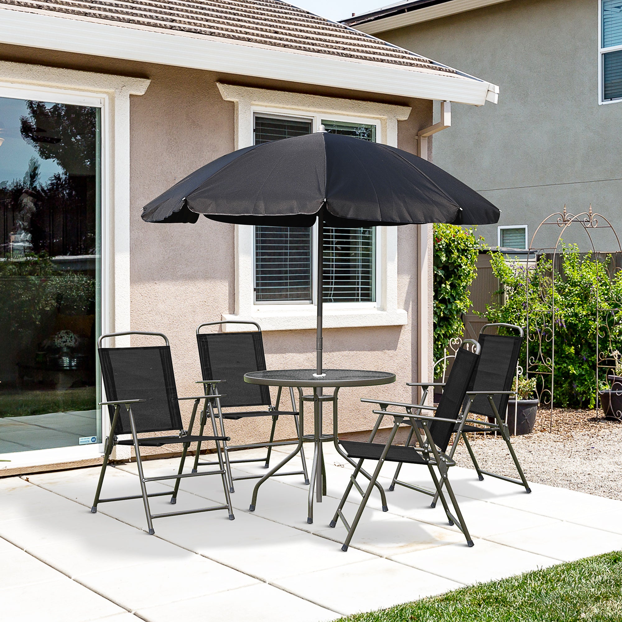 Outsunny 6 Pieces Patio Dining Set with Umbrella, Outdoor Furniture Set with Round Table and 4 Folding Chairs for Garden, Lawn, Deck, Black