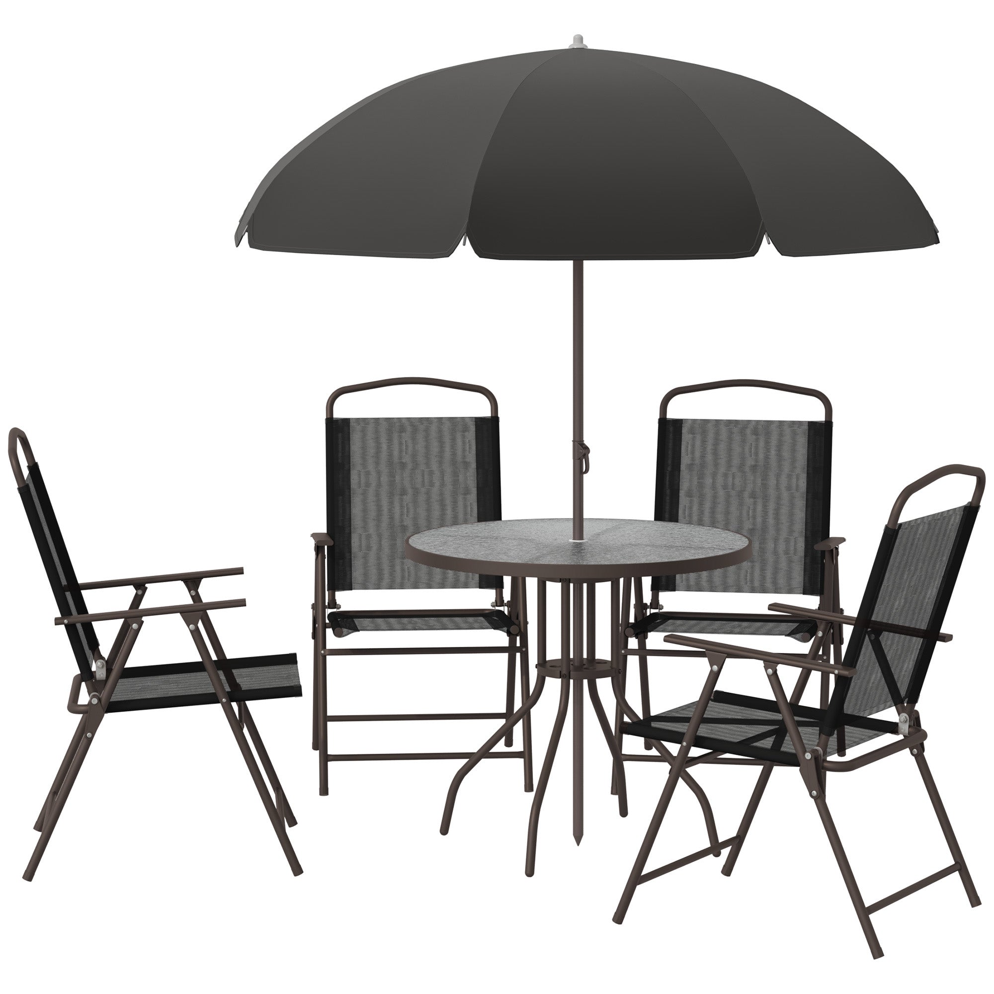 Outsunny 6 Pieces Patio Dining Set with Umbrella, Outdoor Furniture Set with Round Table and 4 Folding Chairs for Garden, Lawn, Deck, Black