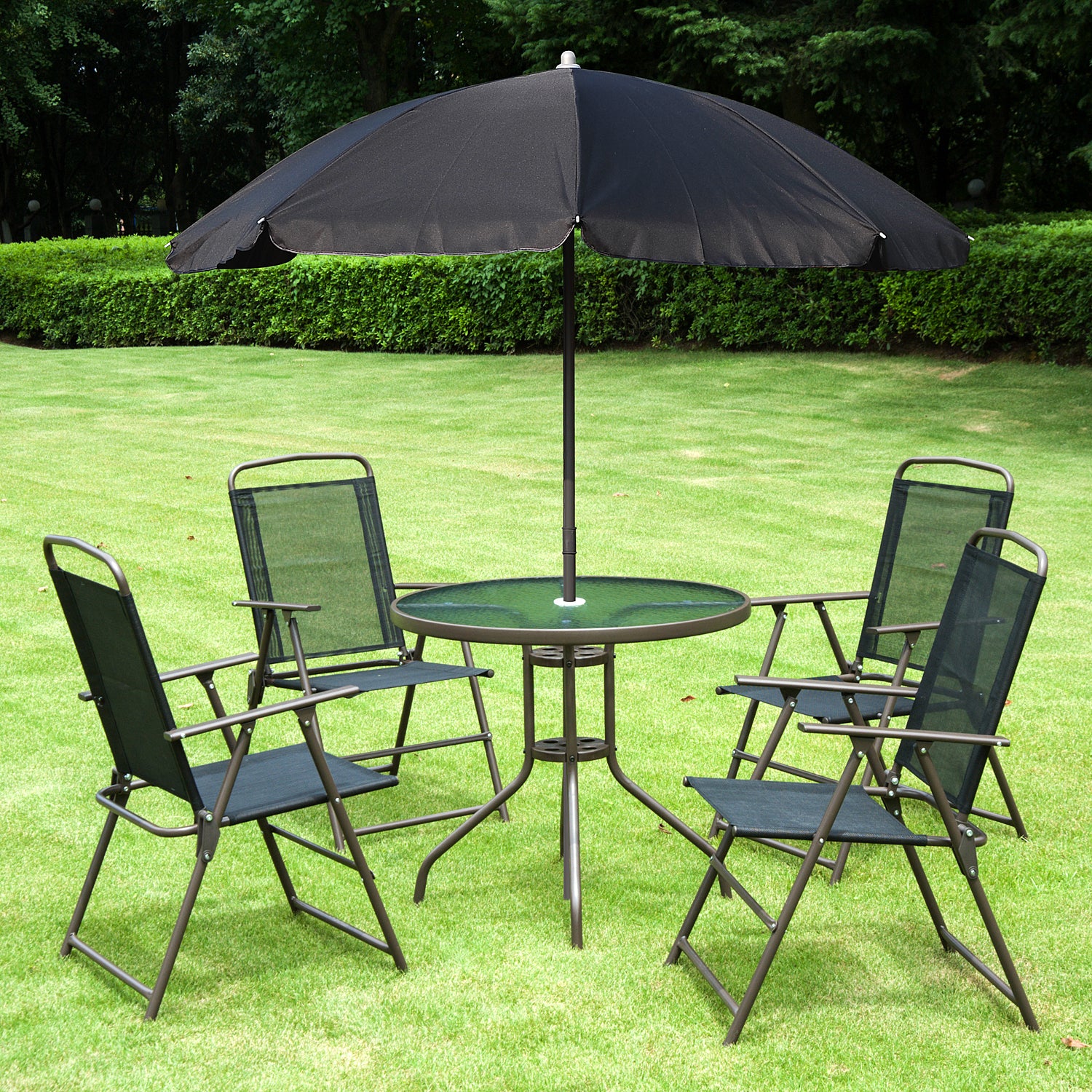 Outsunny 6 Pieces Patio Dining Set with Umbrella, Outdoor Furniture Set with Round Table and 4 Folding Chairs for Garden, Lawn, Deck, Black