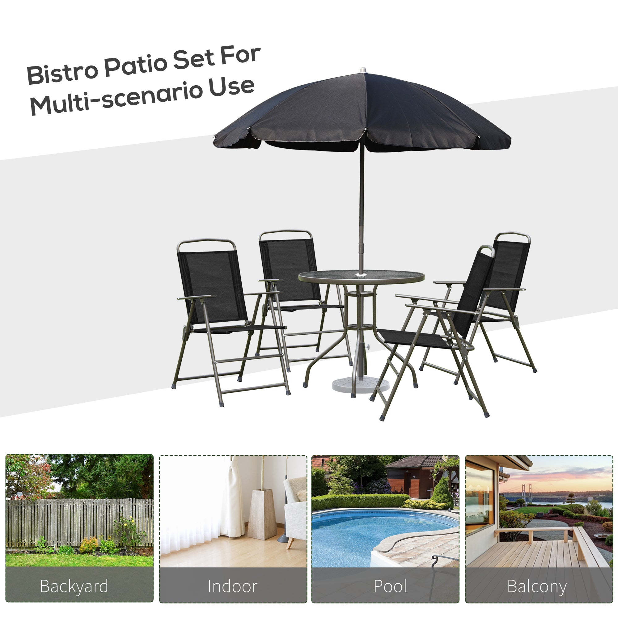 Outsunny 6 Pieces Patio Dining Set with Umbrella, Outdoor Furniture Set with Round Table and 4 Folding Chairs for Garden, Lawn, Deck, Black