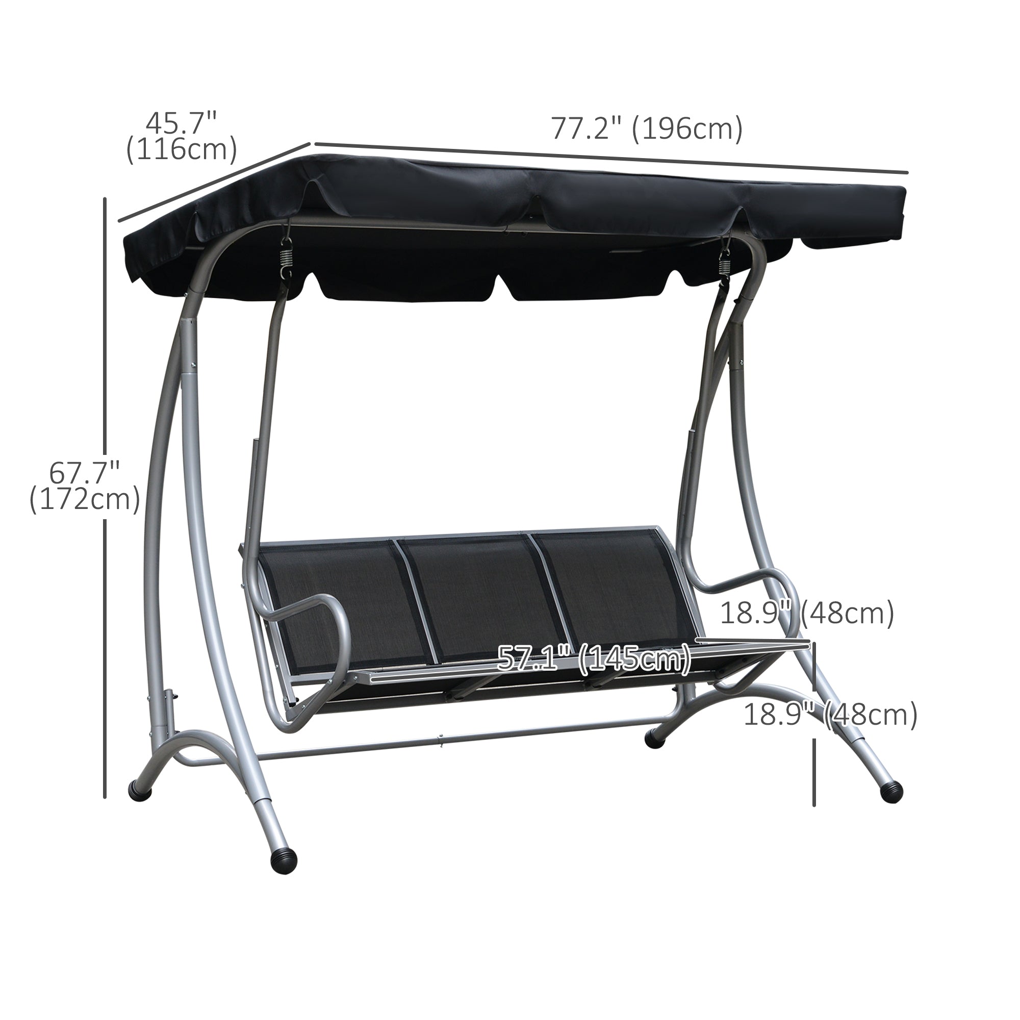 Outsunny 3 Person Patio Swing Seats with Adjustable Canopy Outdoor Swing Chair Bench for Garden, Poolside, Black