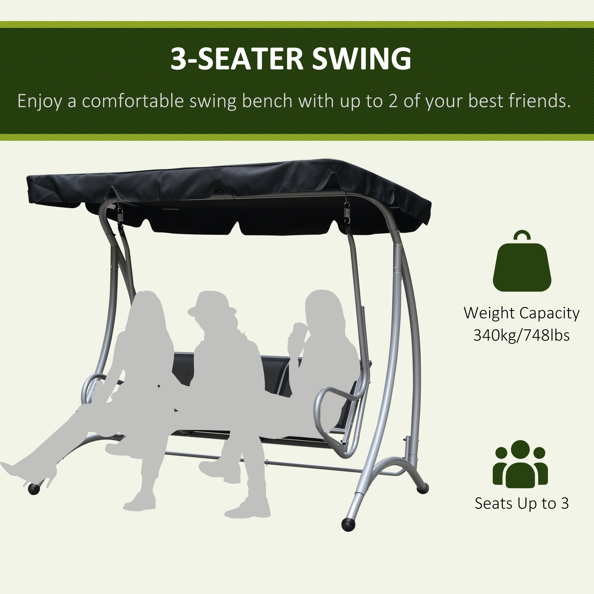 Outsunny 3 Person Patio Swing Seats with Adjustable Canopy Outdoor Swing Chair Bench for Garden, Poolside, Black