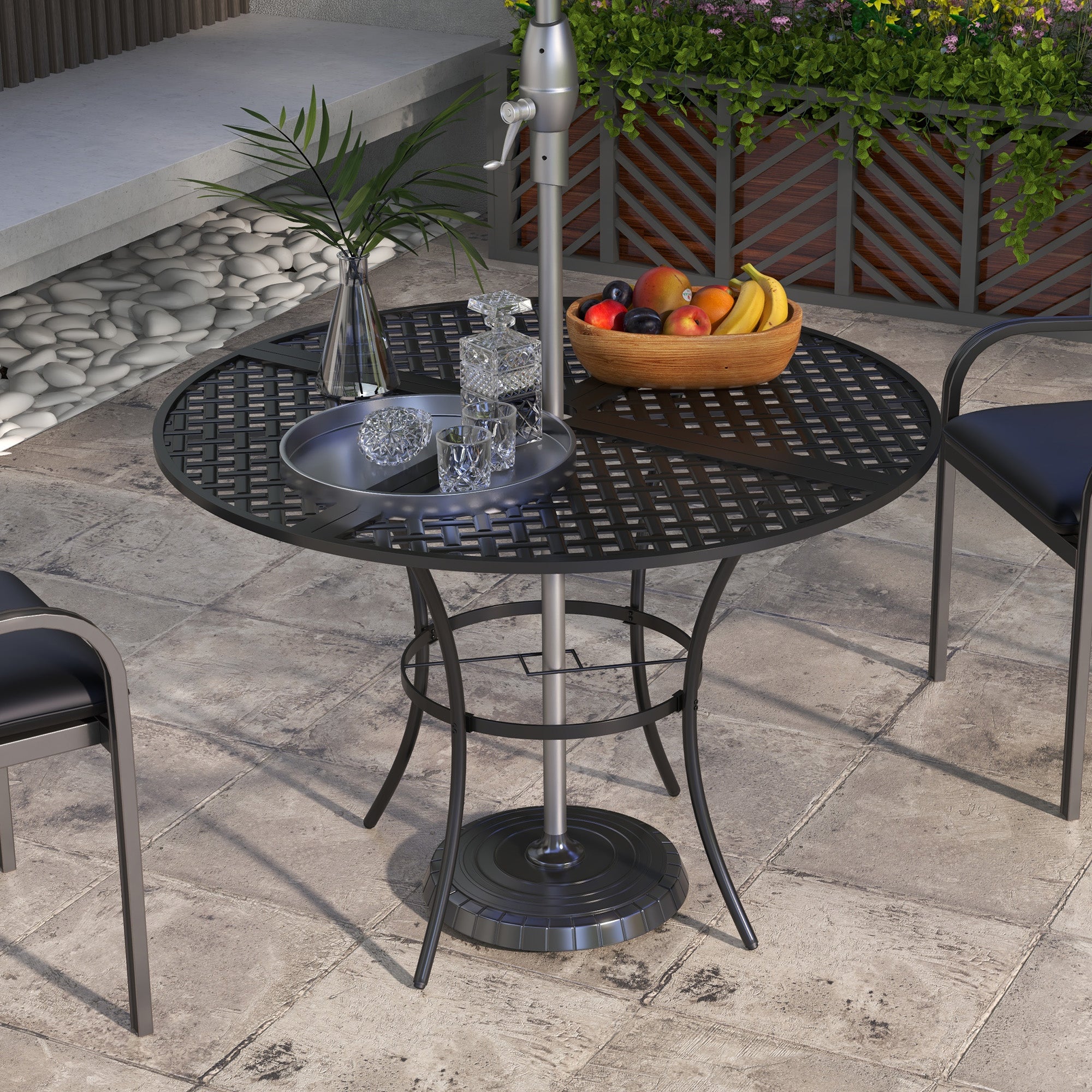 Outsunny 42" Round Outdoor Dining Table for 4 Persons, Metal Patio Dining Table with Umbrella Hole and Steel Frame for Backyard, Lawn, Balcony, Pool, Black