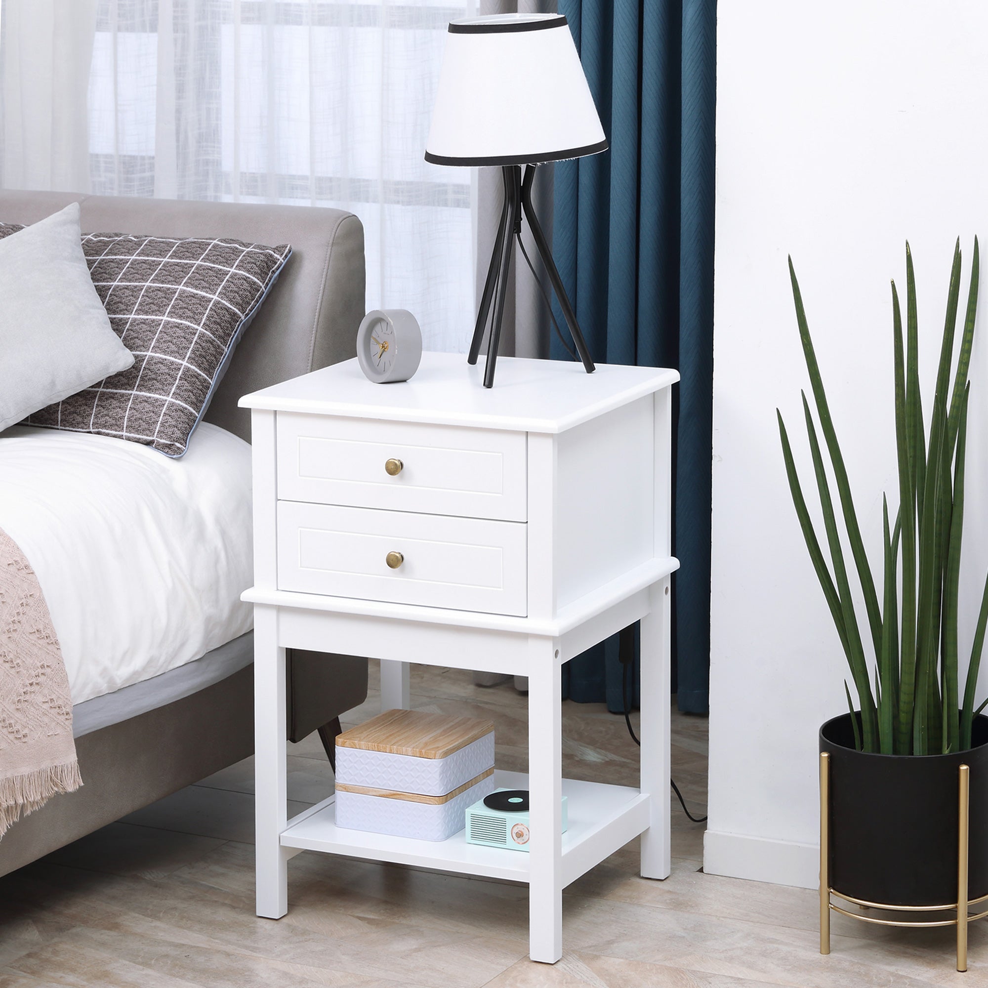 HOMCOM Modern Nightstand, Accent End Side Table with 2 Drawers and Storage Shelf, Bedside Table for Bedroom, White