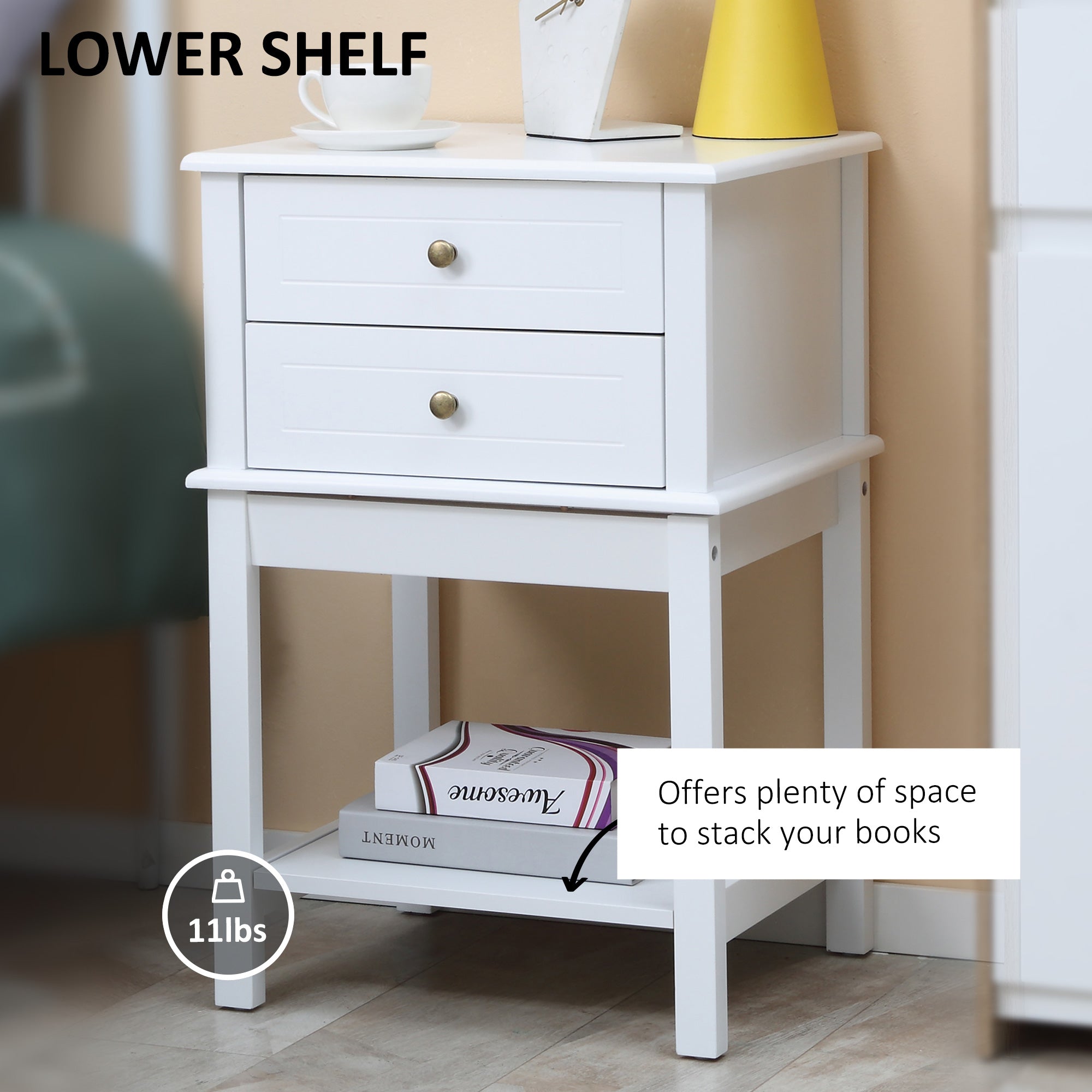 HOMCOM Modern Nightstand, Accent End Side Table with 2 Drawers and Storage Shelf, Bedside Table for Bedroom, White
