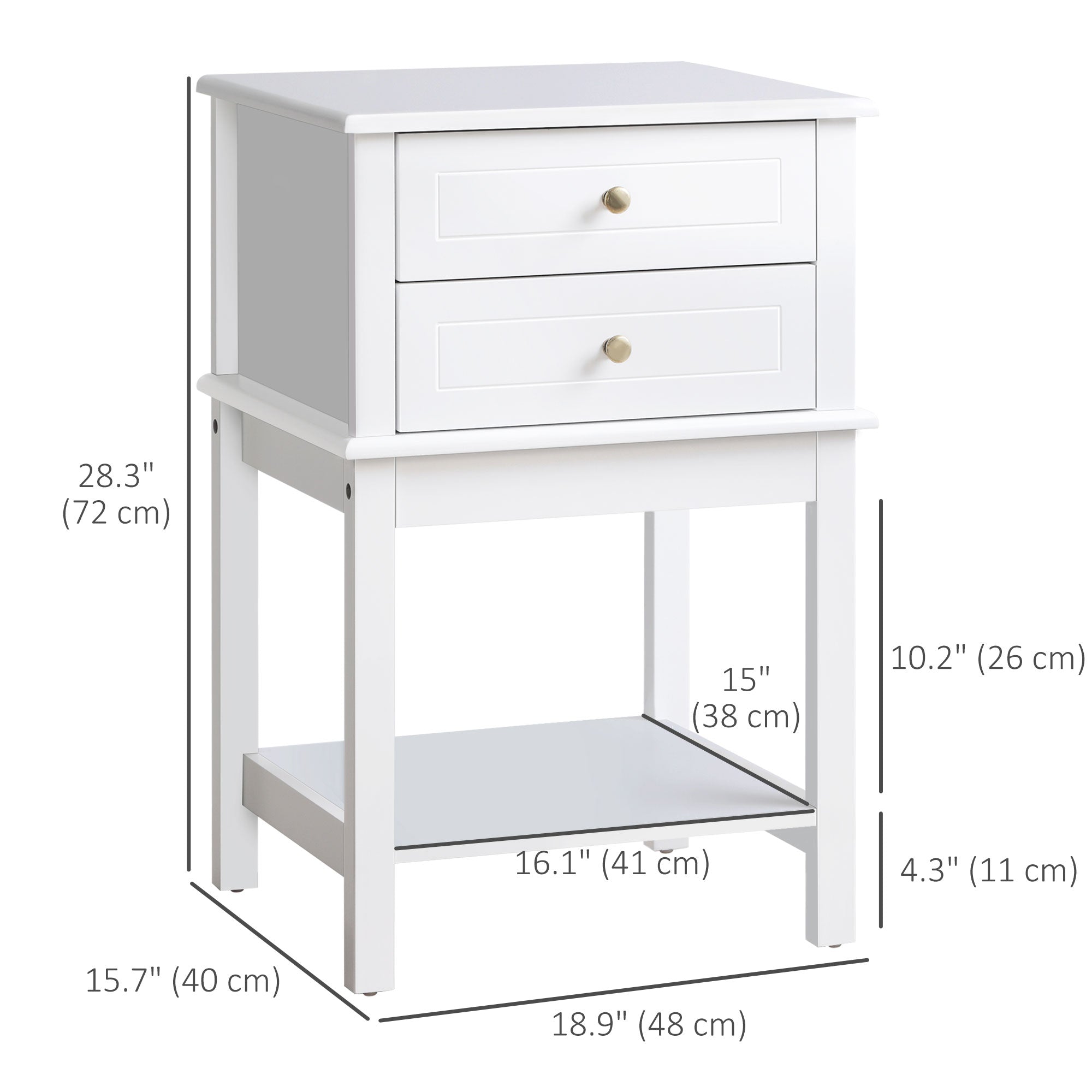 HOMCOM Modern Nightstand, Accent End Side Table with 2 Drawers and Storage Shelf, Bedside Table for Bedroom, White