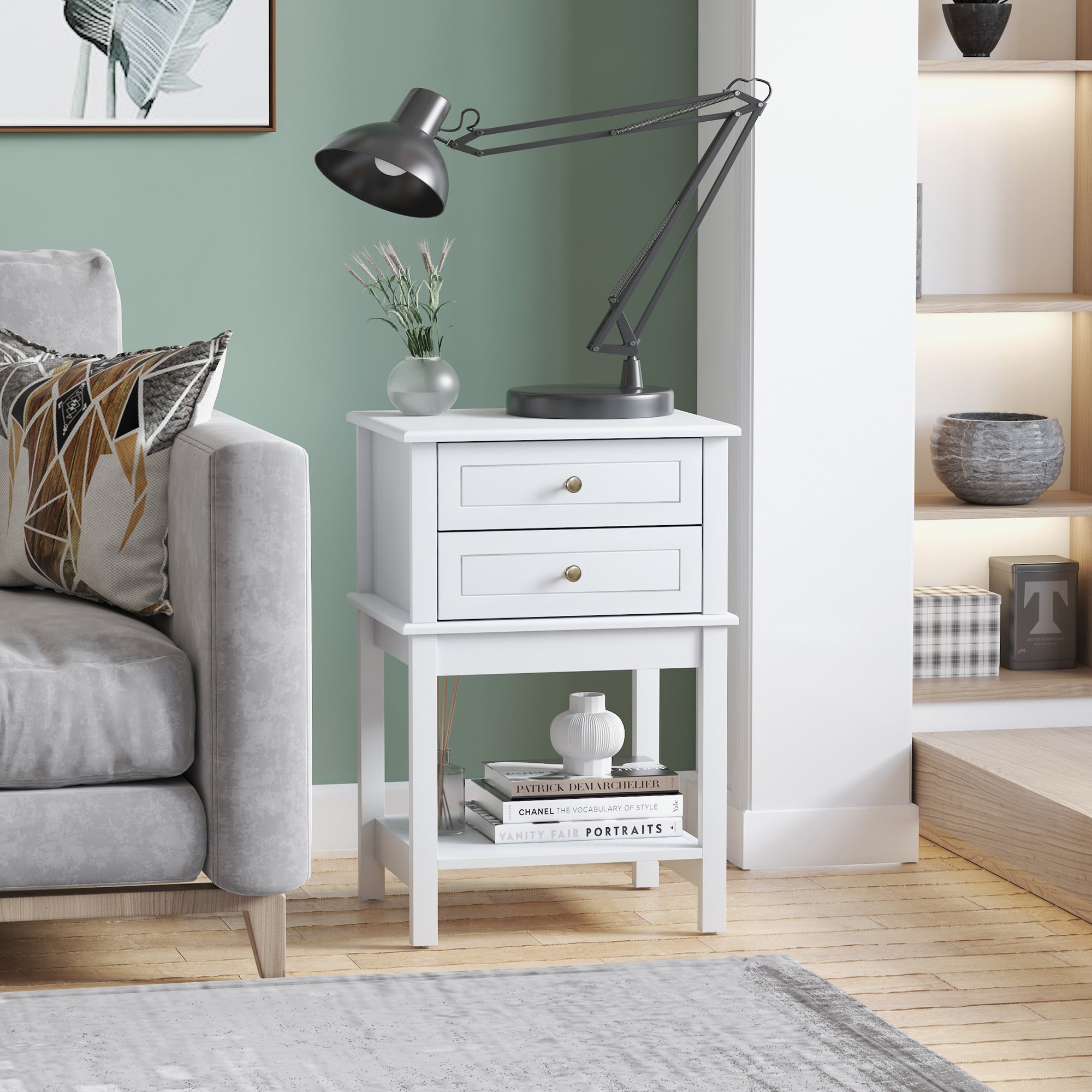 HOMCOM Modern Nightstand, Accent End Side Table with 2 Drawers and Storage Shelf, Bedside Table for Bedroom, White