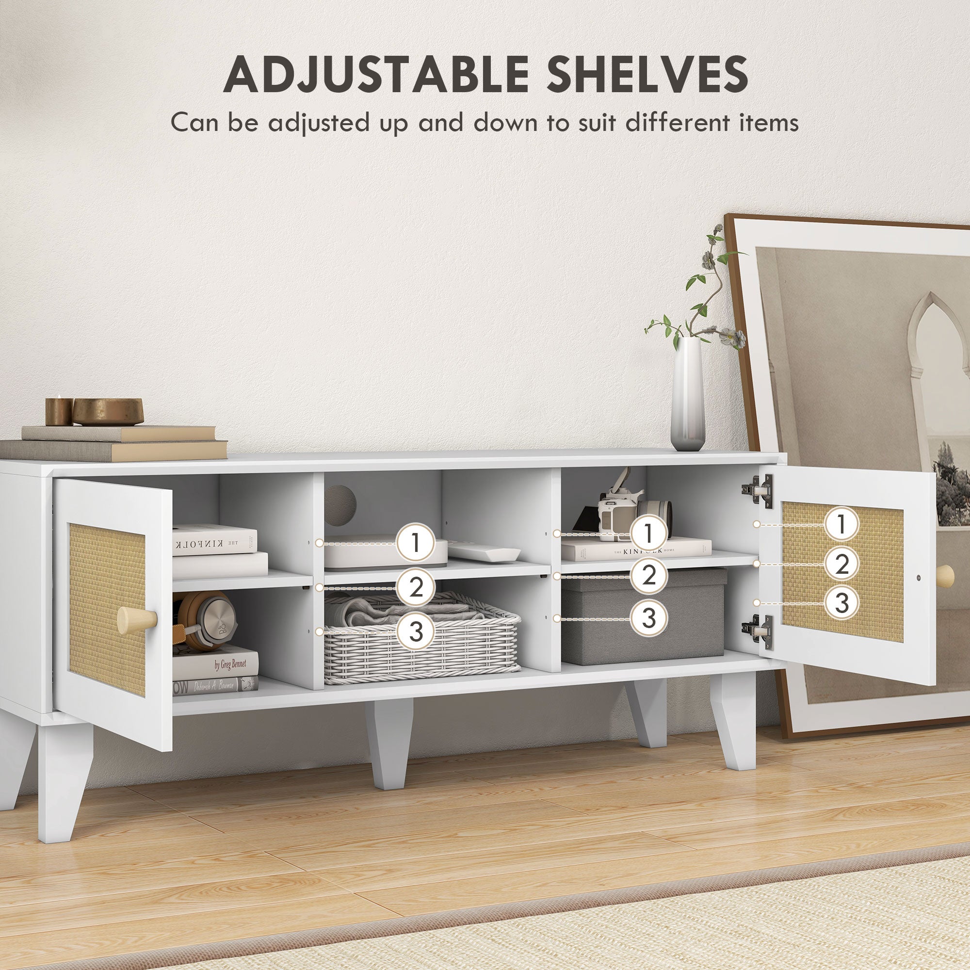 HOMCOM TV Stand for 50 Inch TVs, Boho TV Cabinet with Rattan Doors, Adjustable Shelves and Storage Cabinets, Entertainment Unit for Living Room, White