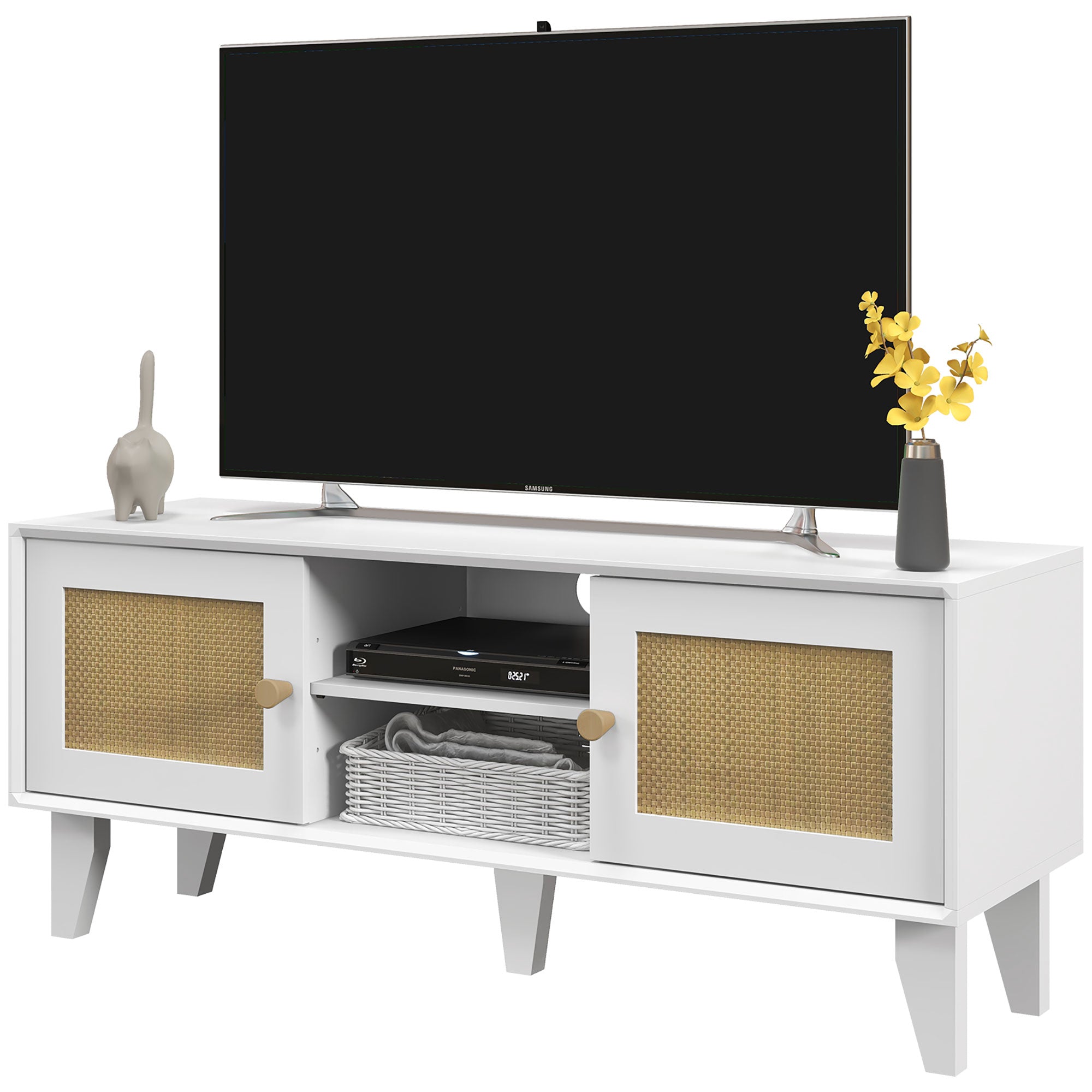HOMCOM TV Stand for 50 Inch TVs, Boho TV Cabinet with Rattan Doors, Adjustable Shelves and Storage Cabinets, Entertainment Unit for Living Room, White