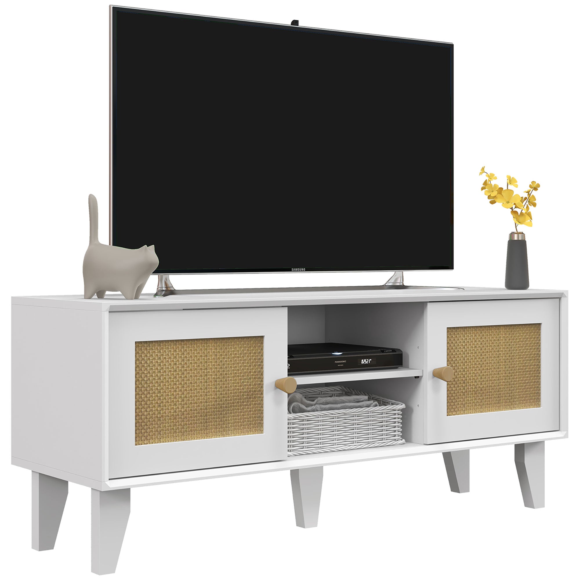 HOMCOM TV Stand for 50 Inch TVs, Boho TV Cabinet with Rattan Doors, Adjustable Shelves and Storage Cabinets, Entertainment Unit for Living Room, White