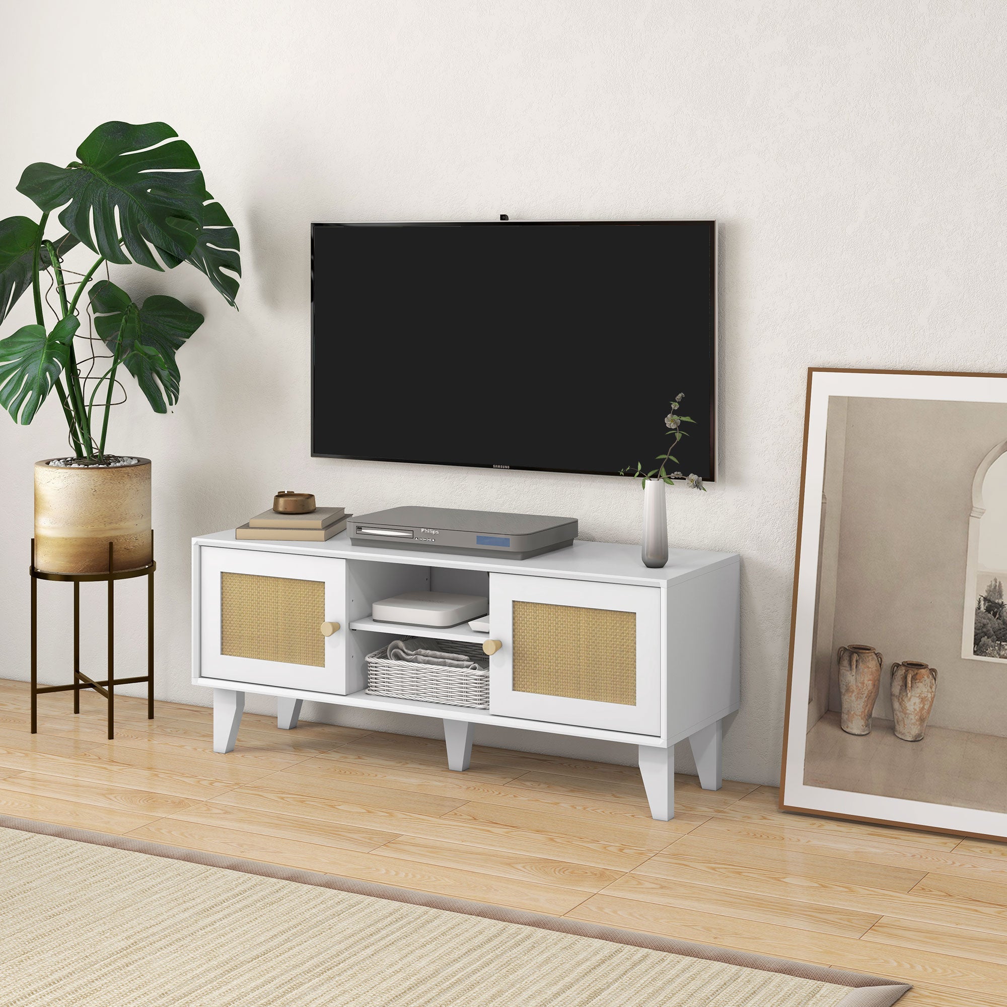 HOMCOM TV Stand for 50 Inch TVs, Boho TV Cabinet with Rattan Doors, Adjustable Shelves and Storage Cabinets, Entertainment Unit for Living Room, White